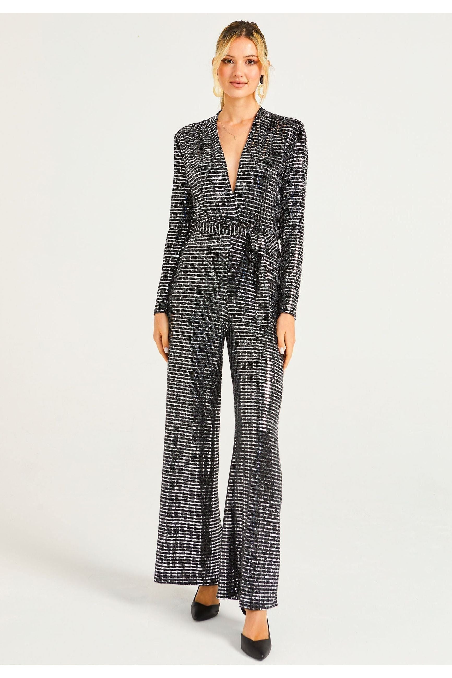 Sequin Plunge Neck Faux Wrap Jumpsuit In Silver M035656SLVF