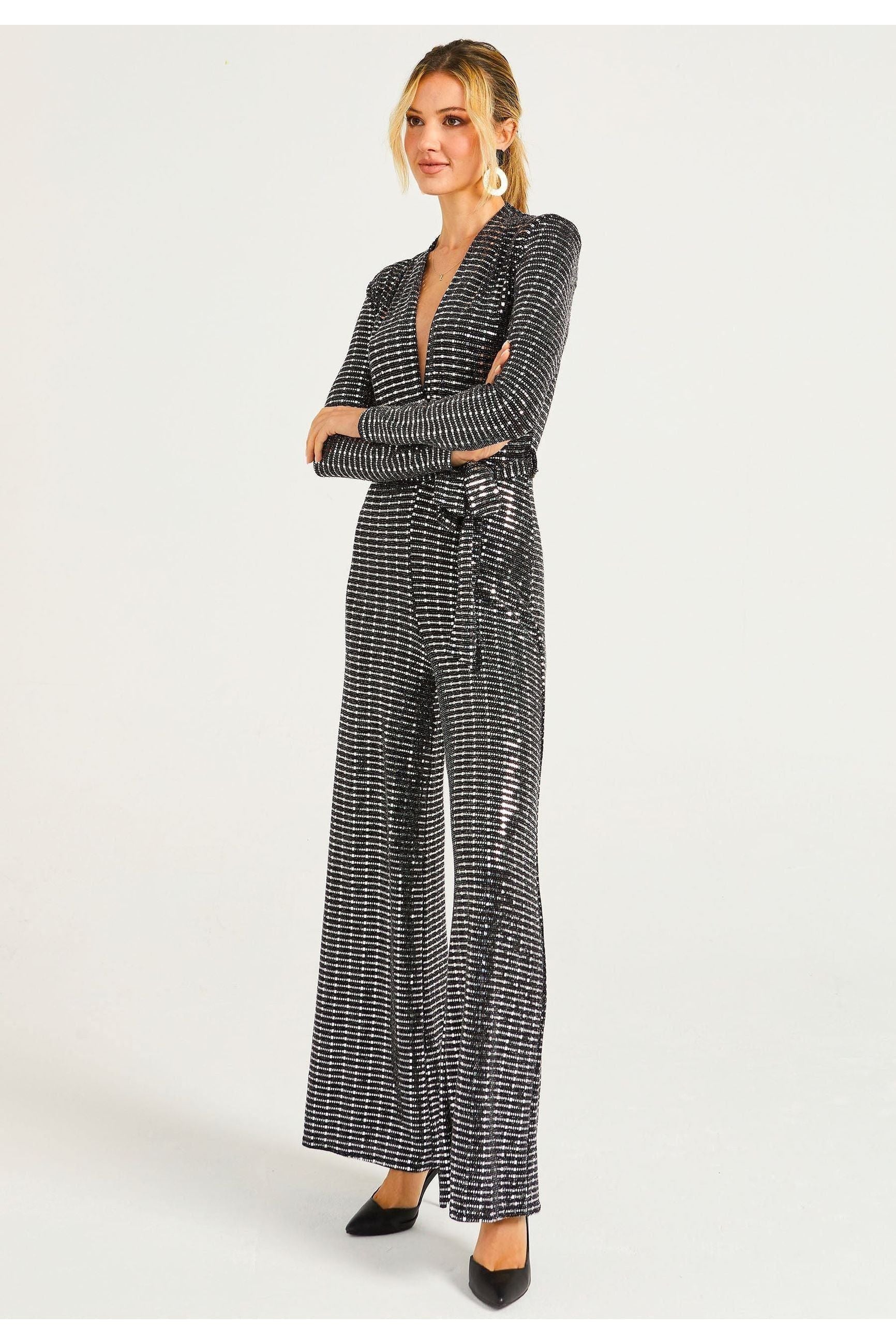 Sequin Plunge Neck Faux Wrap Jumpsuit In Silver M035656SLVF