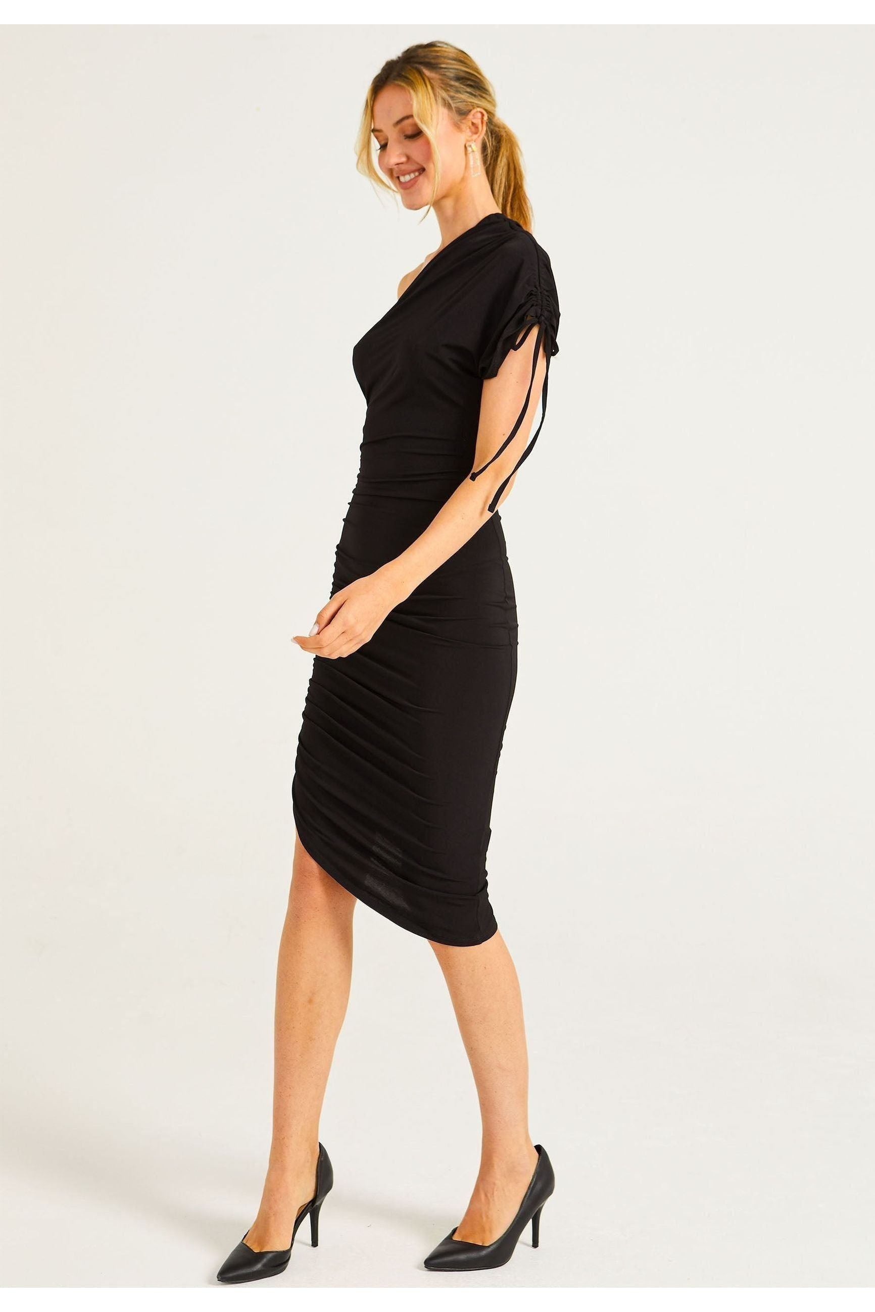BodyCon Midi Dress With One Shoulder Adjustable Sleeve M035752BLKF