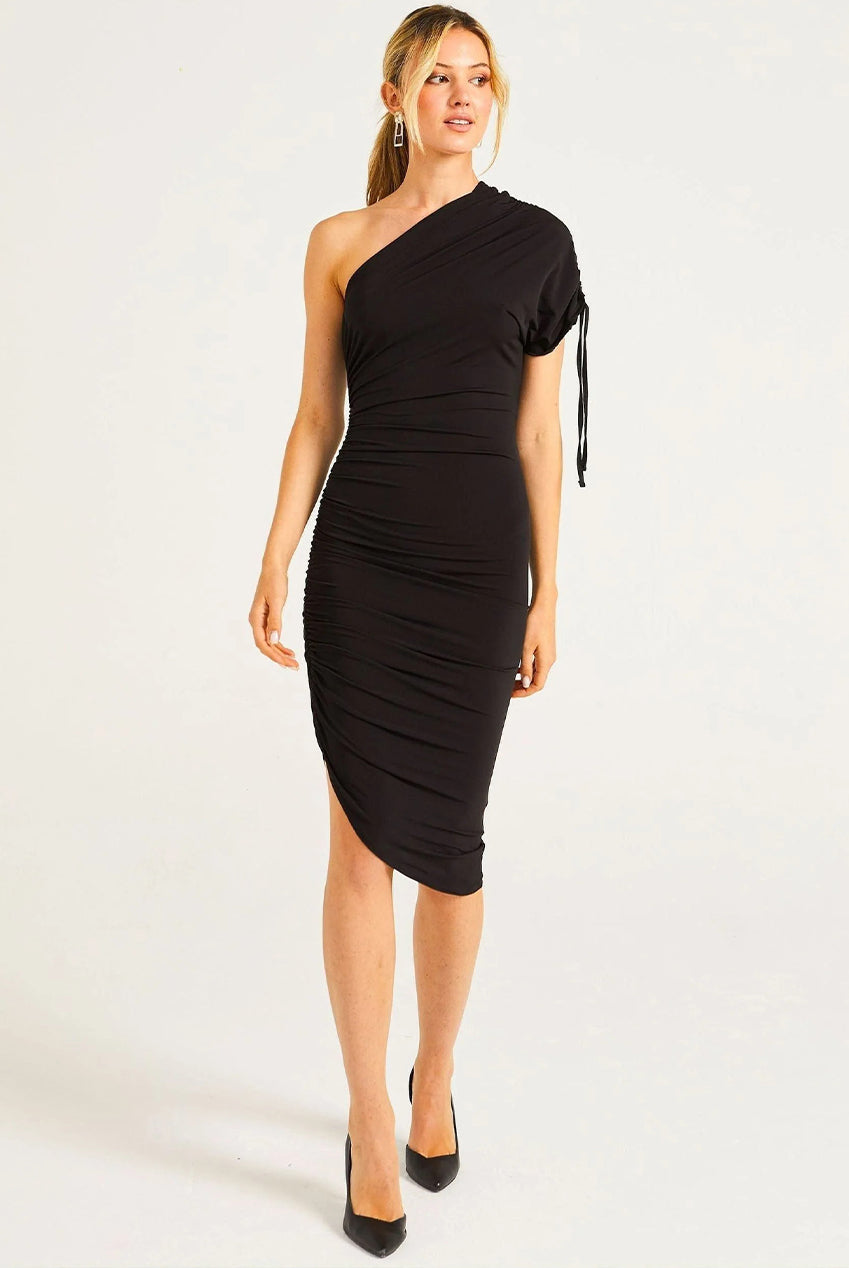 BodyCon Midi Dress With One Shoulder Adjustable Sleeve M035752BLKF