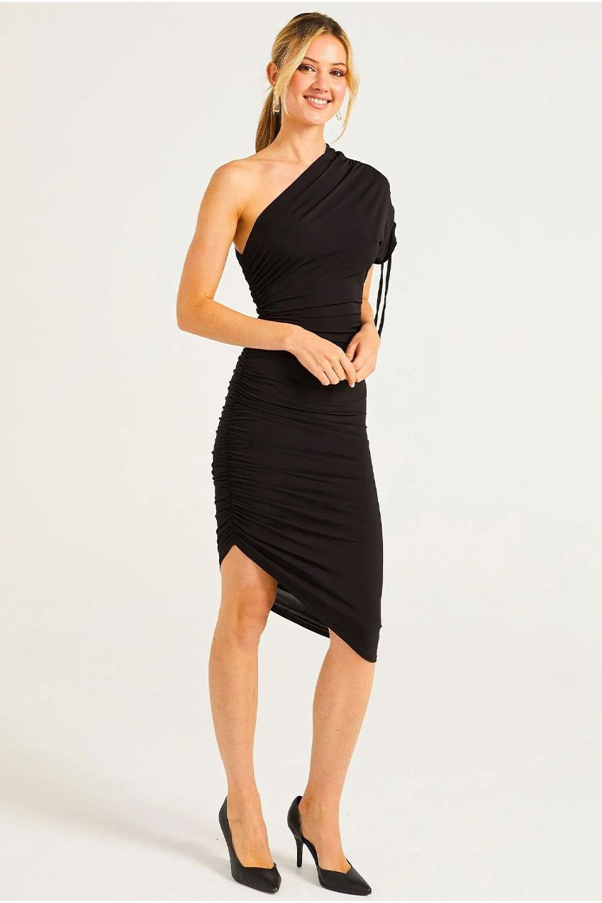 BodyCon Midi Dress With One Shoulder Adjustable Sleeve M035752BLKF