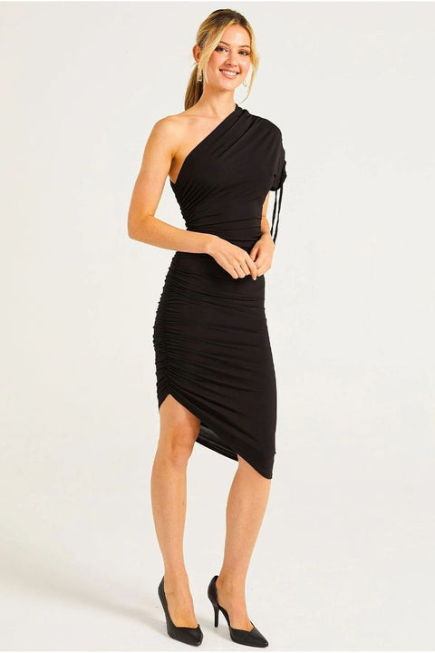 BodyCon Midi Dress With One Shoulder Adjustable Sleeve by Angeleye