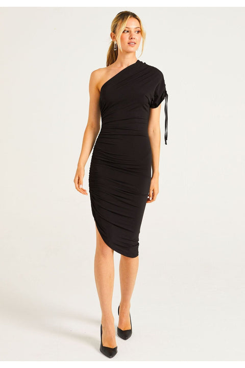 BodyCon Midi Dress With One Shoulder Adjustable Sleeve by Angeleye