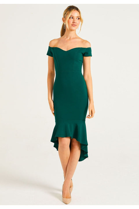 Bardot Sweetheart Bodycon Dress With Asymmetrical Frill Hem by Angeleye