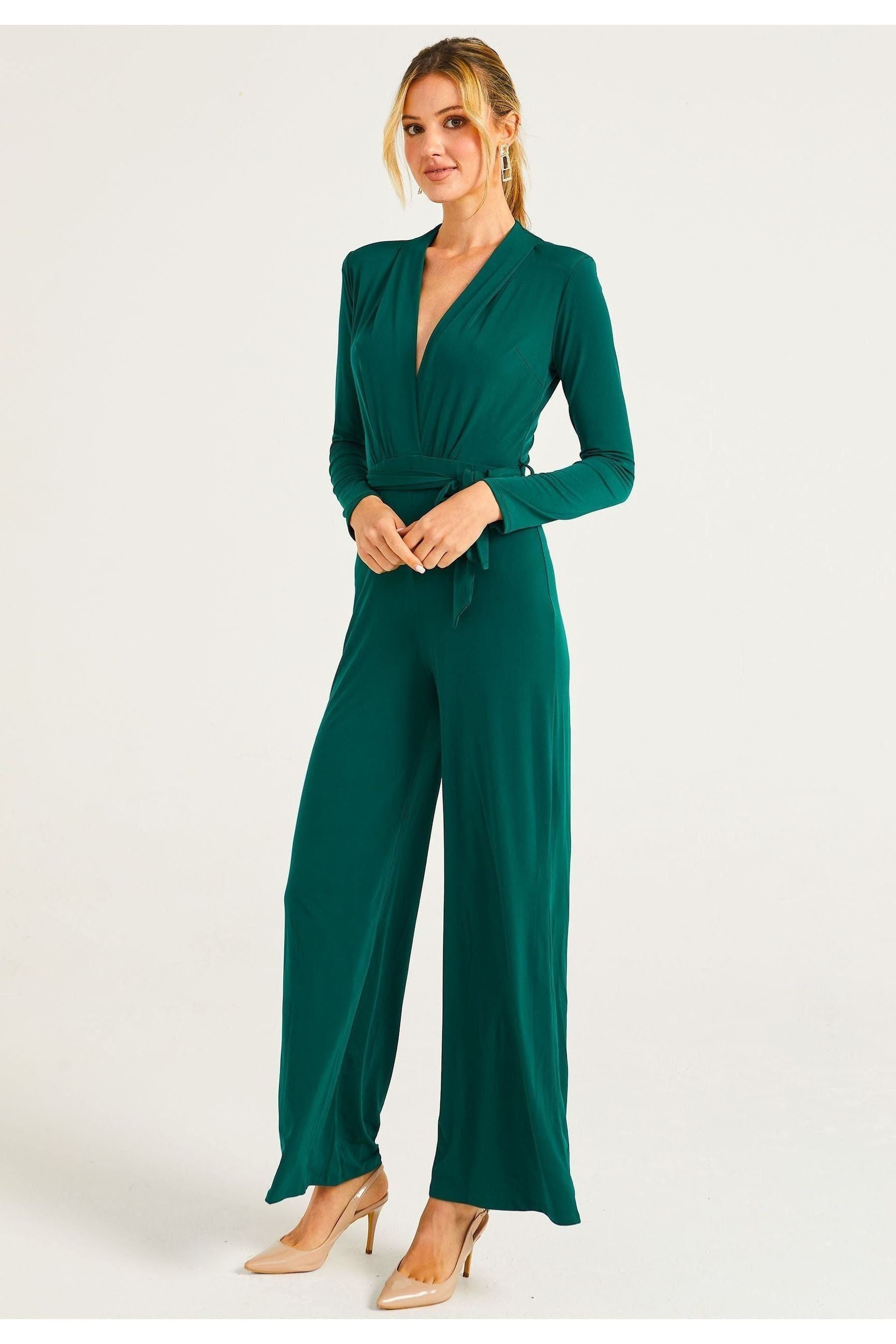 Plunge Neck Wide Leg Jumpsuit With Long Sleeves In Green M036083GRNF