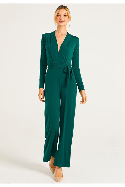 Plunge Neck Wide Leg Jumpsuit With Long Sleeves In Green by Angeleye