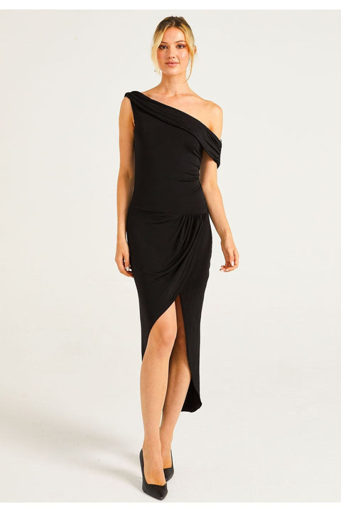 Off Shoulder Faux Wrap Dress With Leg Slit by Angeleye