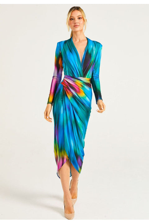 Plunge Neck Faux Wrap Print Midi Dress In Tie Dye by Angeleye