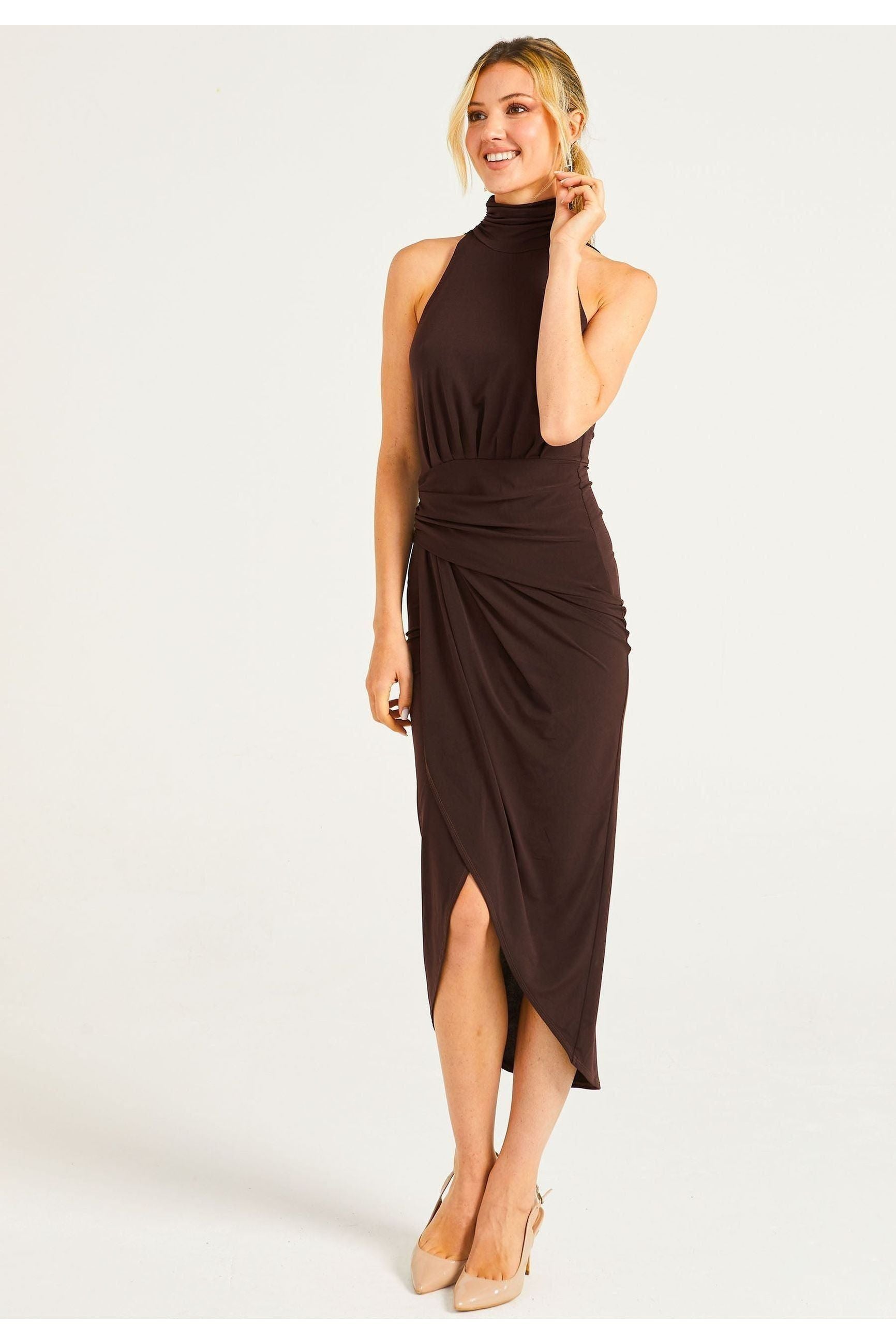 Halter Neck Faux Wrap Dress In Chocolate Brown M036089CHOCLTEF