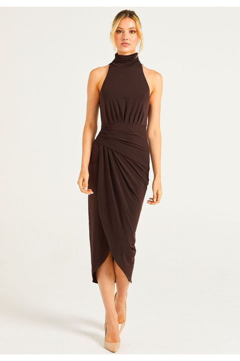 Halter Neck Faux Wrap Dress In Chocolate Brown by Angeleye