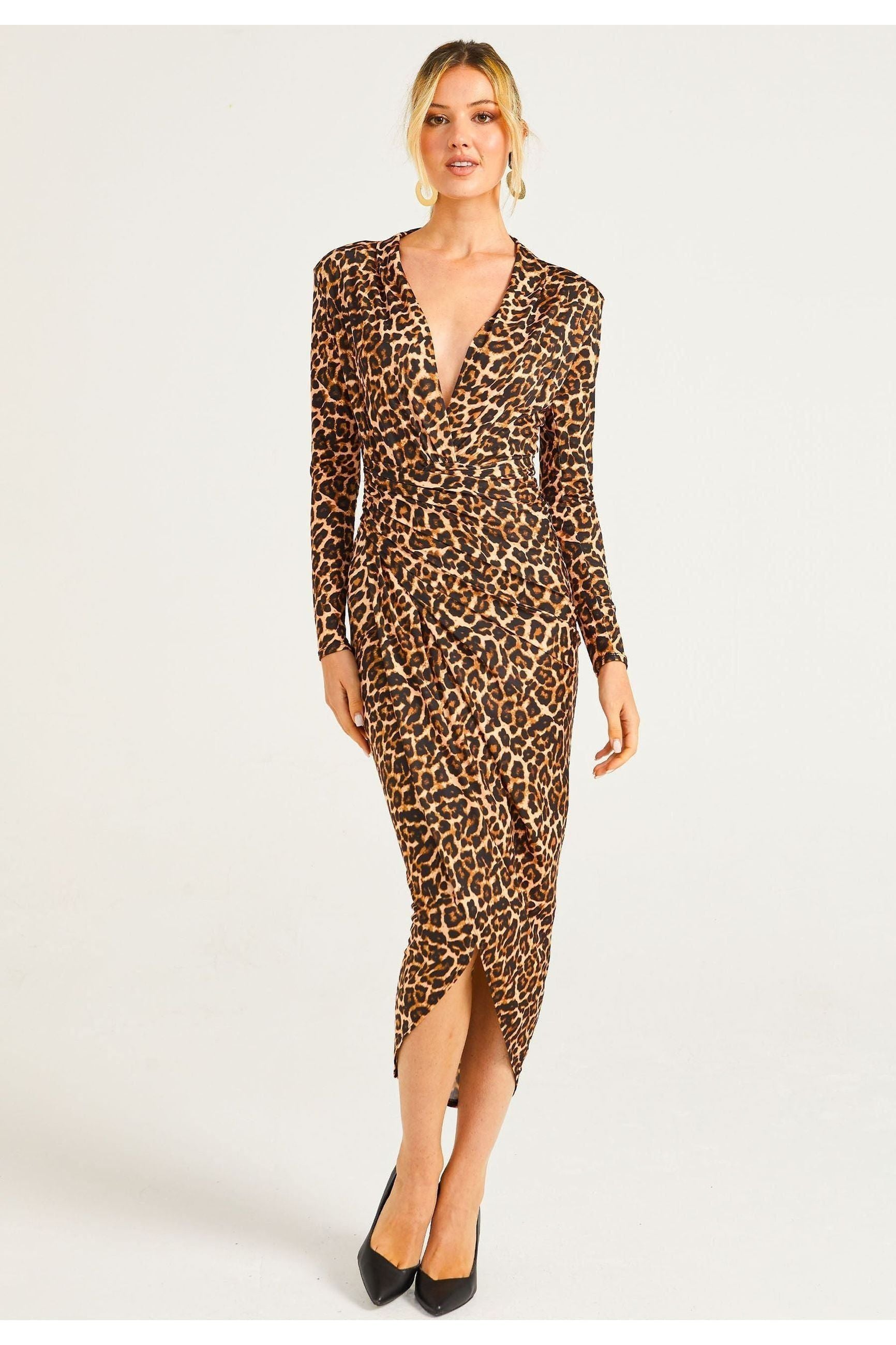 Plunge Neck Faux Wrap Print Midi Dress In Leopard M036174LPRDF
