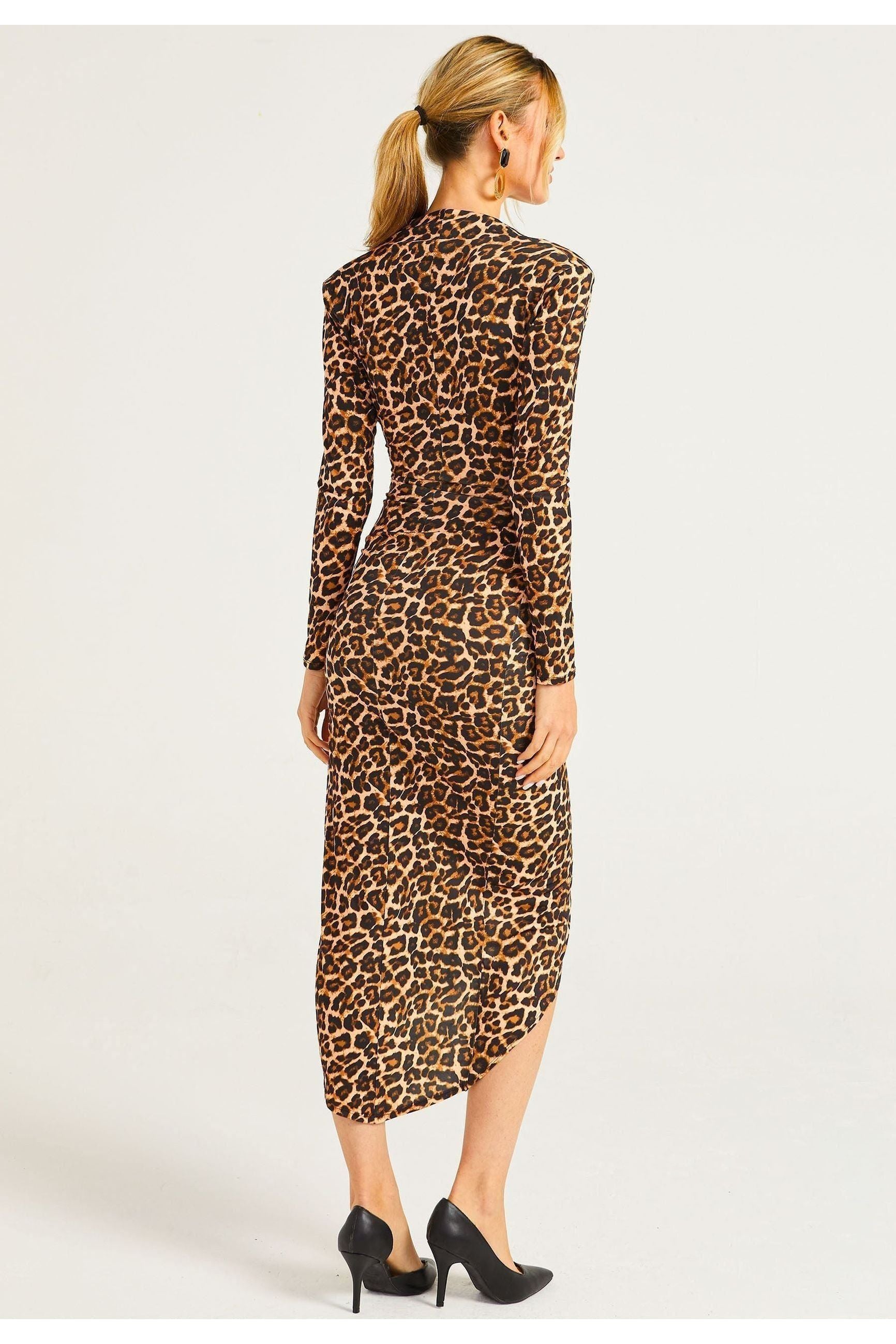 Plunge Neck Faux Wrap Print Midi Dress In Leopard M036174LPRDF