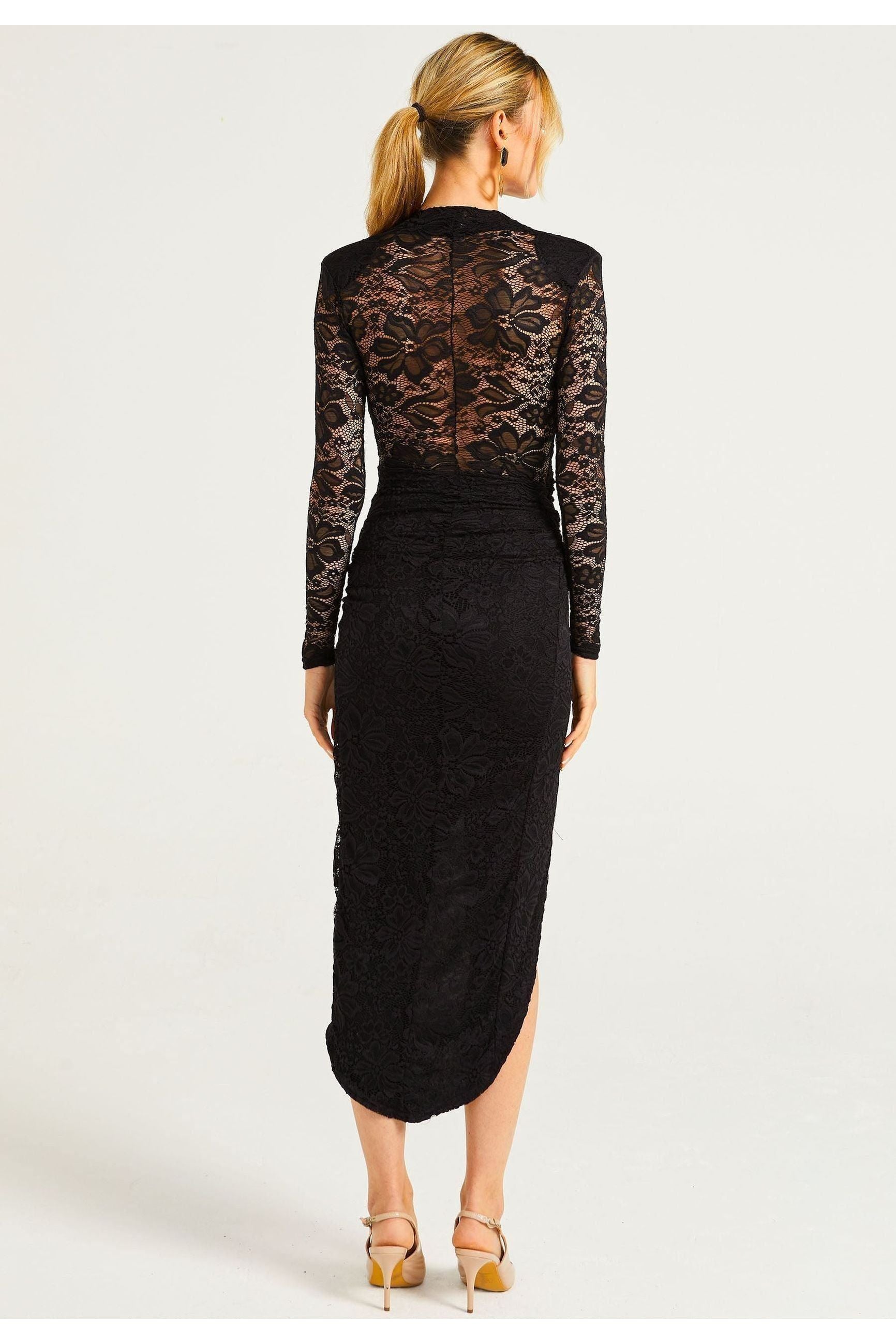 Lace Plunge Neck Faux Wrap Midi Dress In Black M036185BLKF