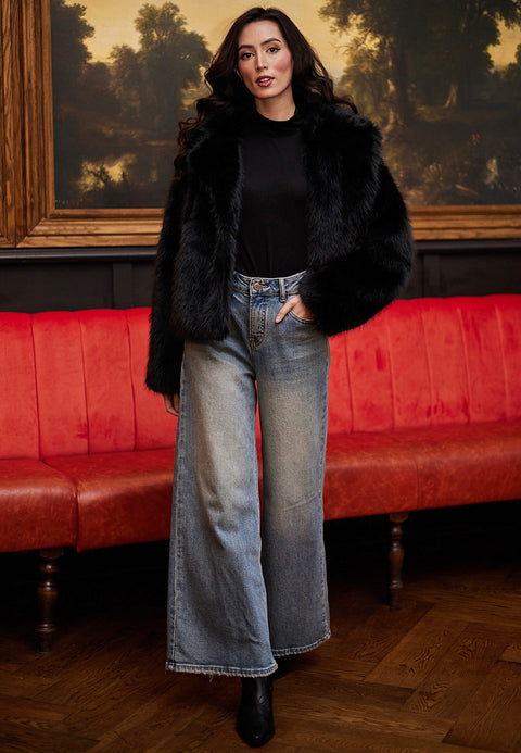 Faux Fur Short Coat In Black by Angeleye