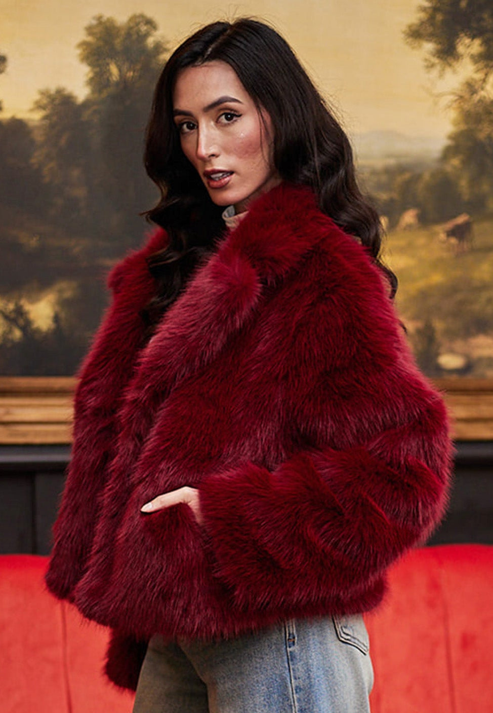 Faux Fur Short Coat In Burgundy M036321