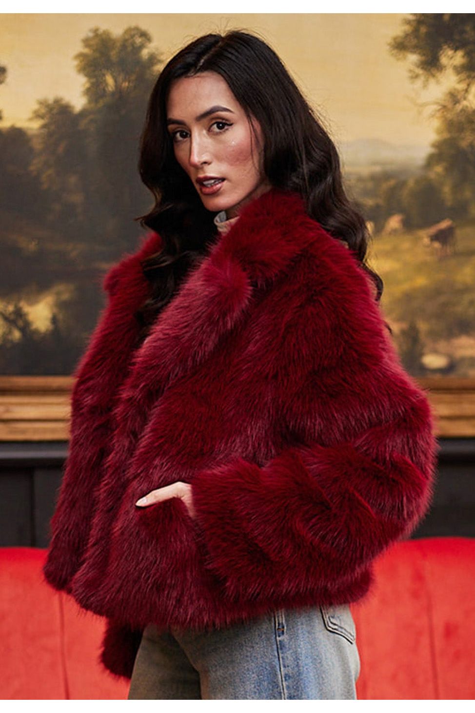 Faux Fur Short Coat In Burgundy M036321