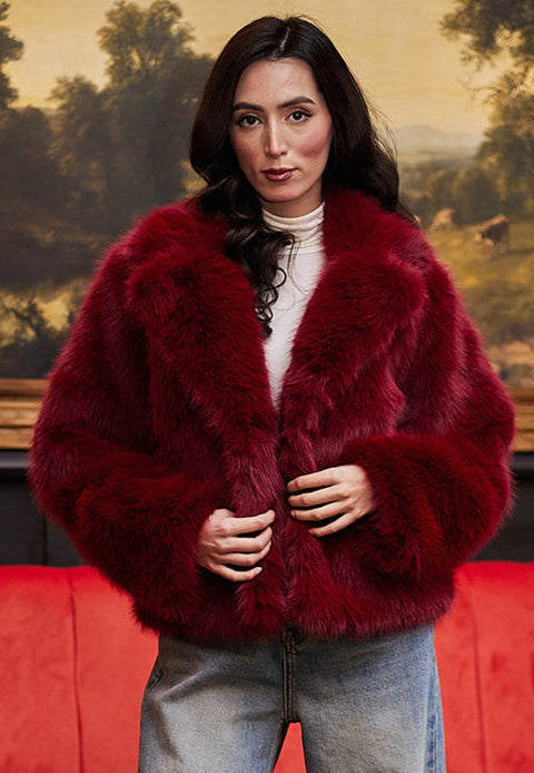 Faux Fur Short Coat In Burgundy by Angeleye