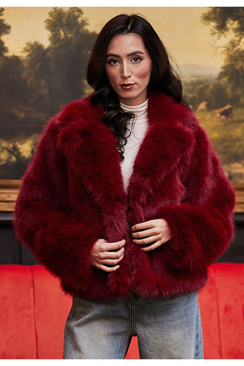 Faux Fur Short Coat In Burgundy by Angeleye