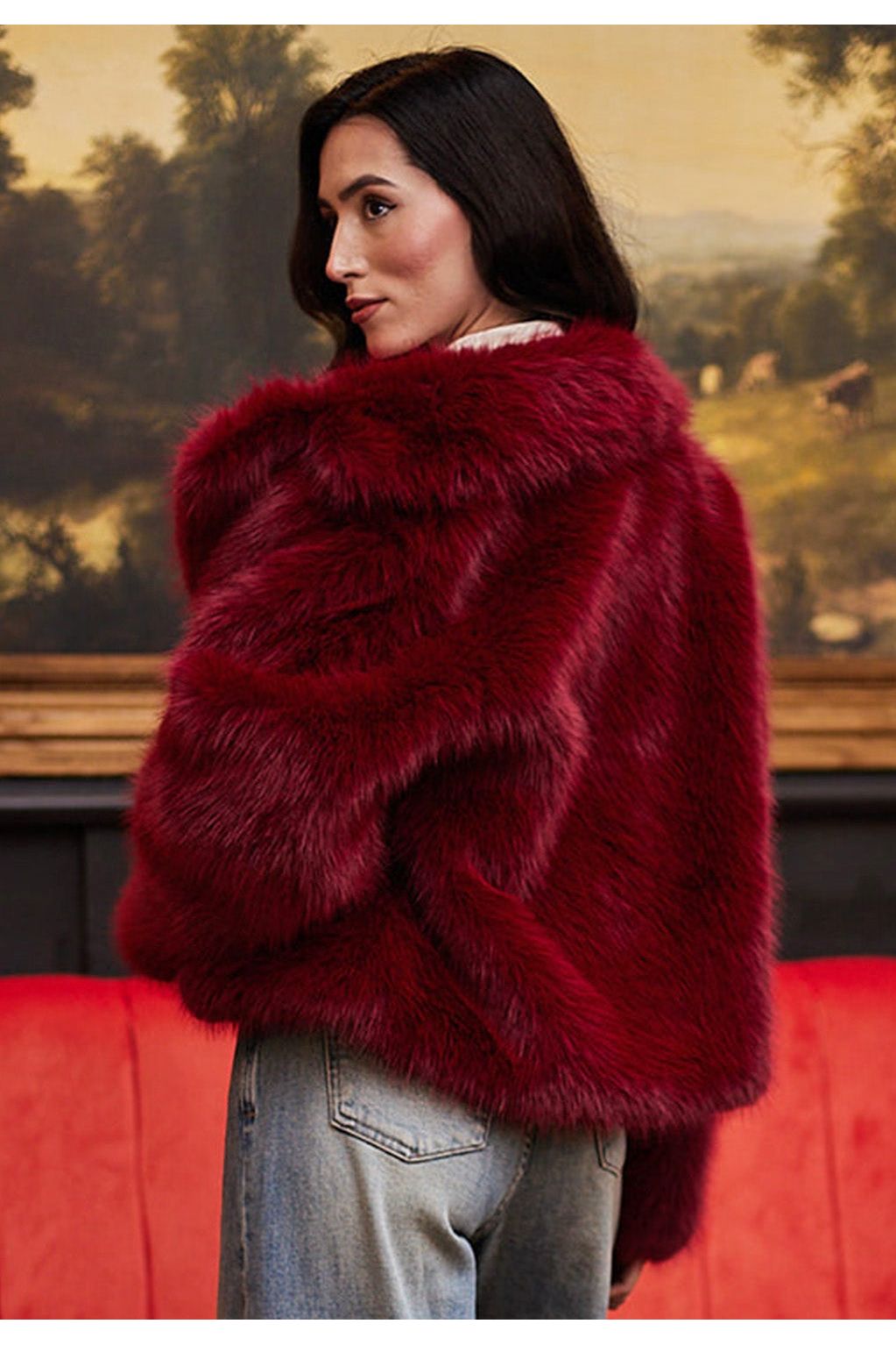 Faux Fur Short Coat In Burgundy M036321