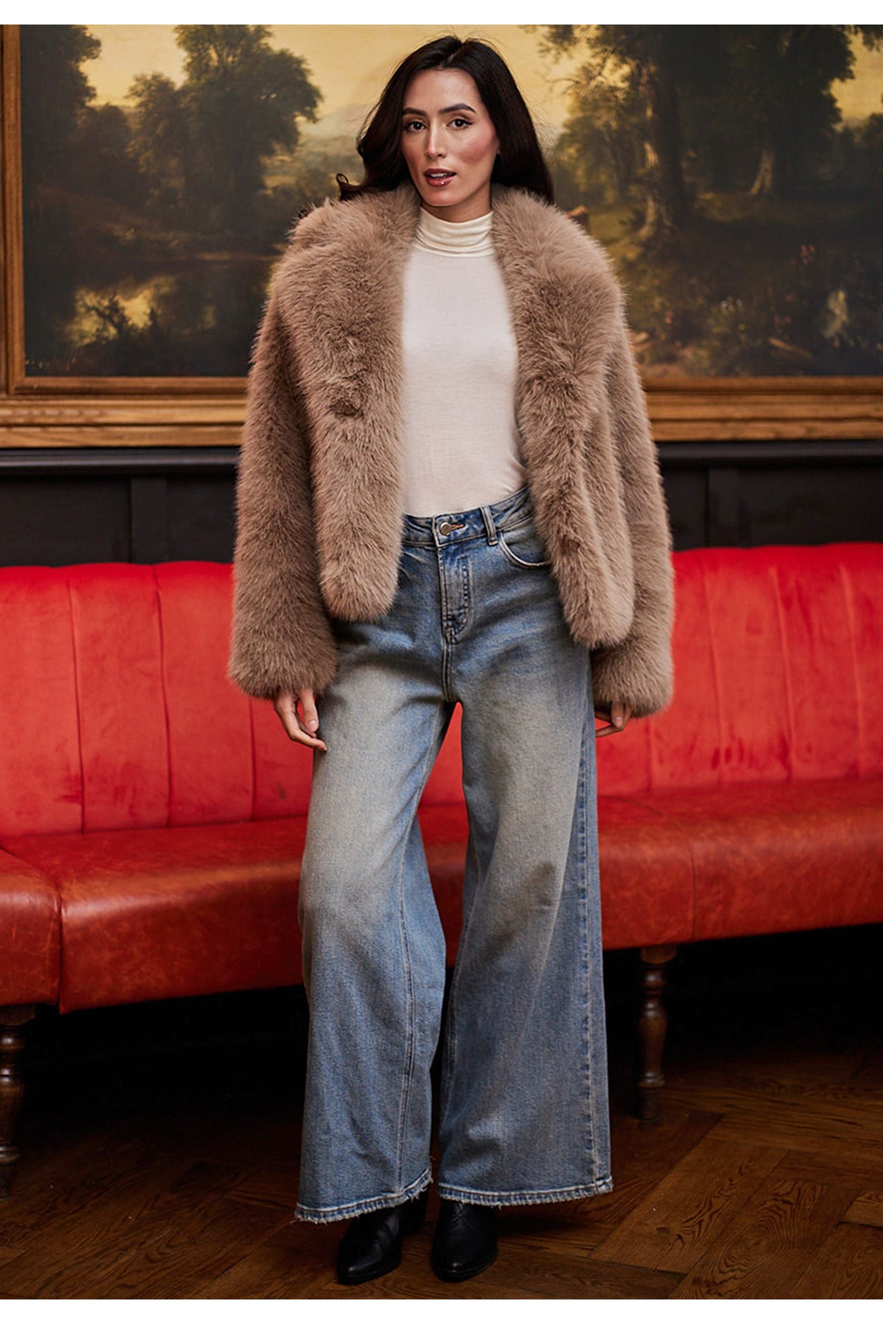 Faux Fur Short Coat In Coffee M036321COFF