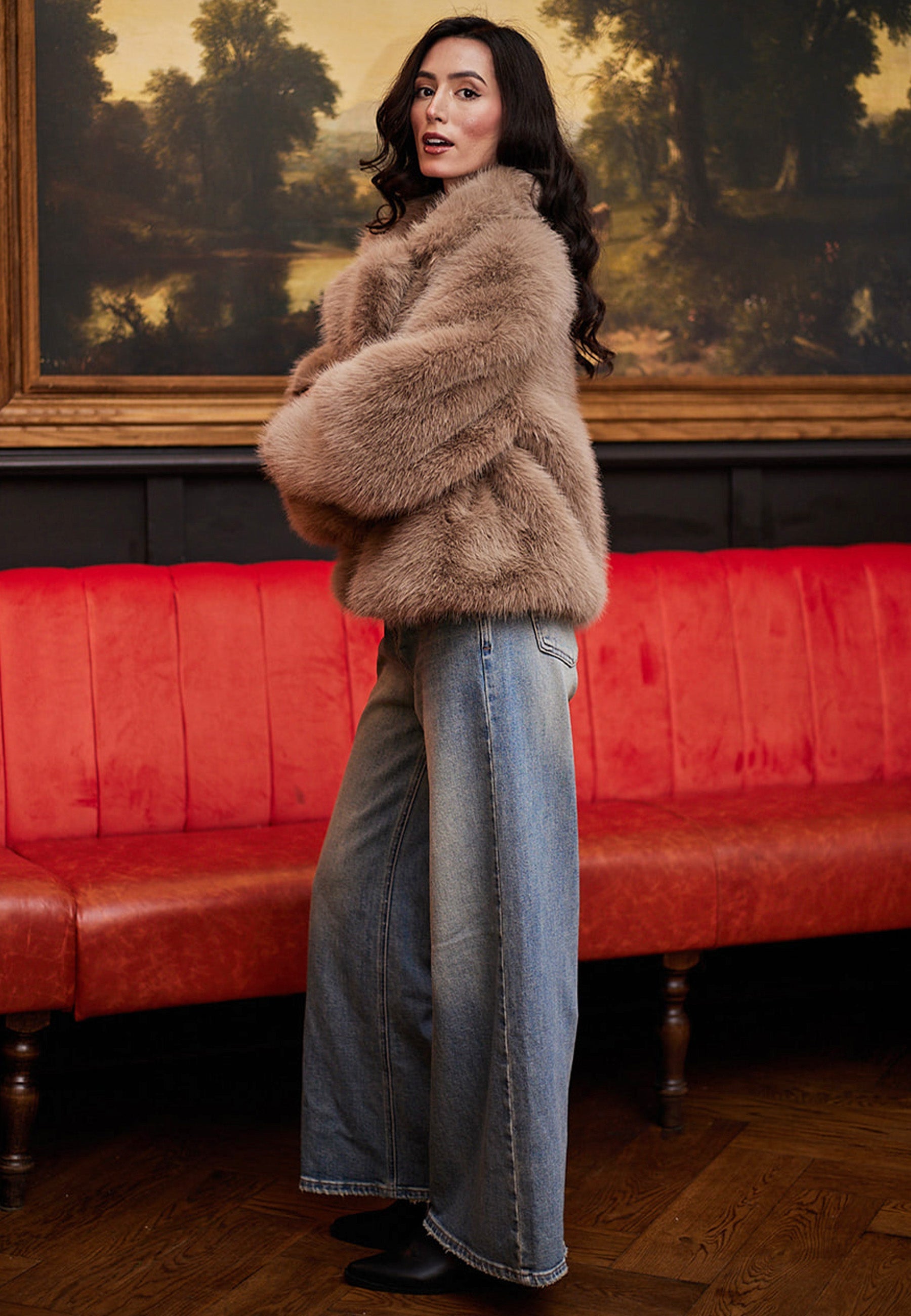 Faux Fur Short Coat In Coffee M036321COFF