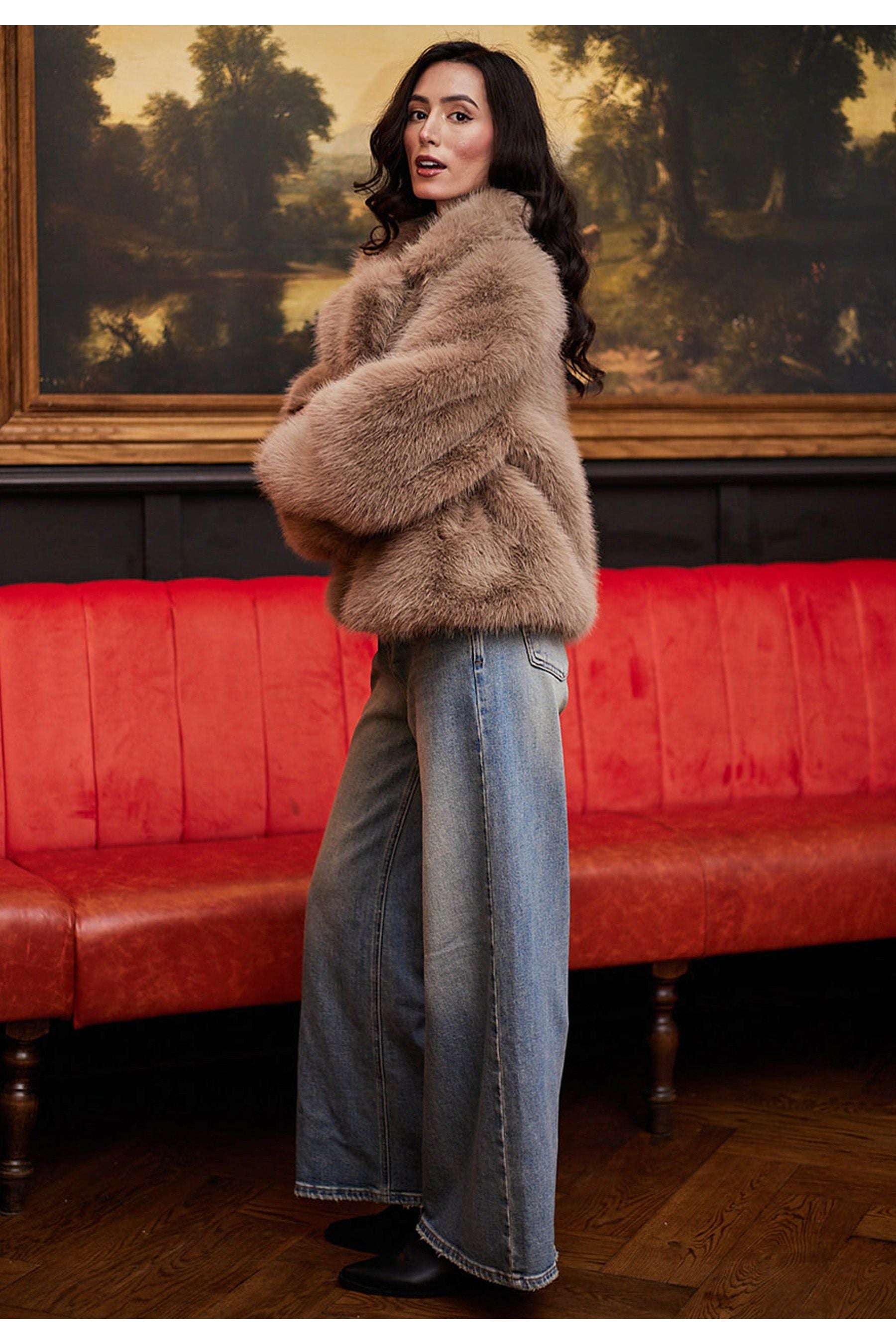 Faux Fur Short Coat In Coffee M036321COFF