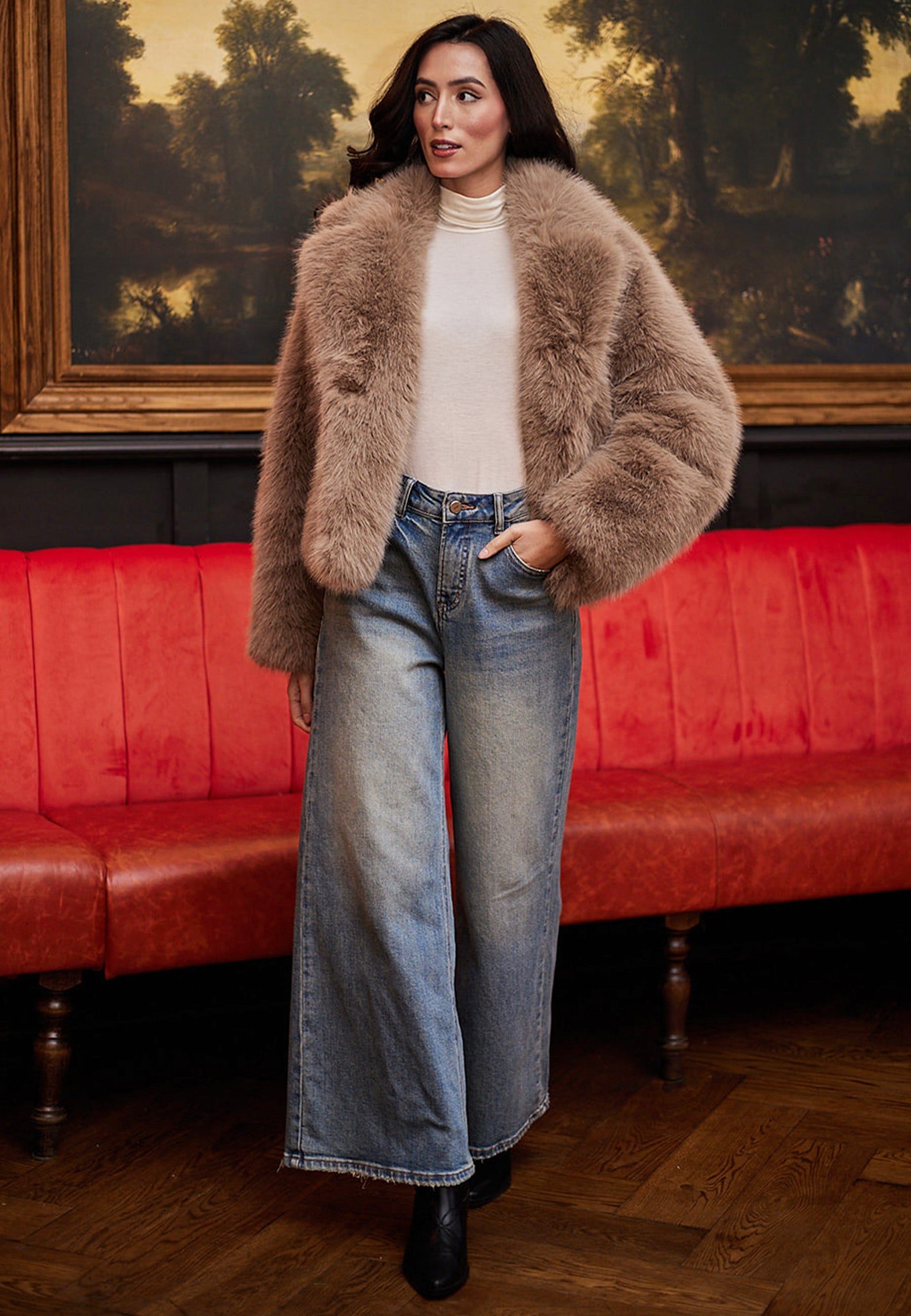 Faux Fur Short Coat In Coffee M036321COFF