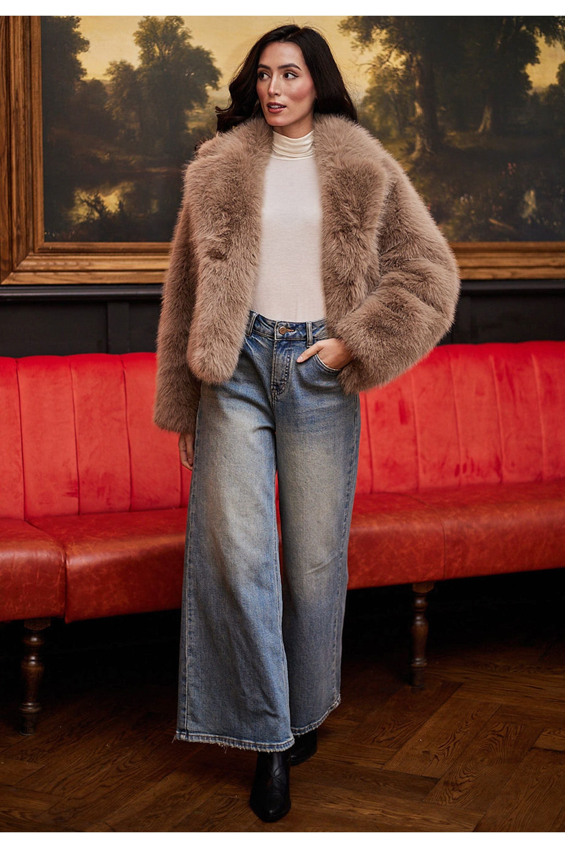 Faux Fur Short Coat In Coffee M036321COFF