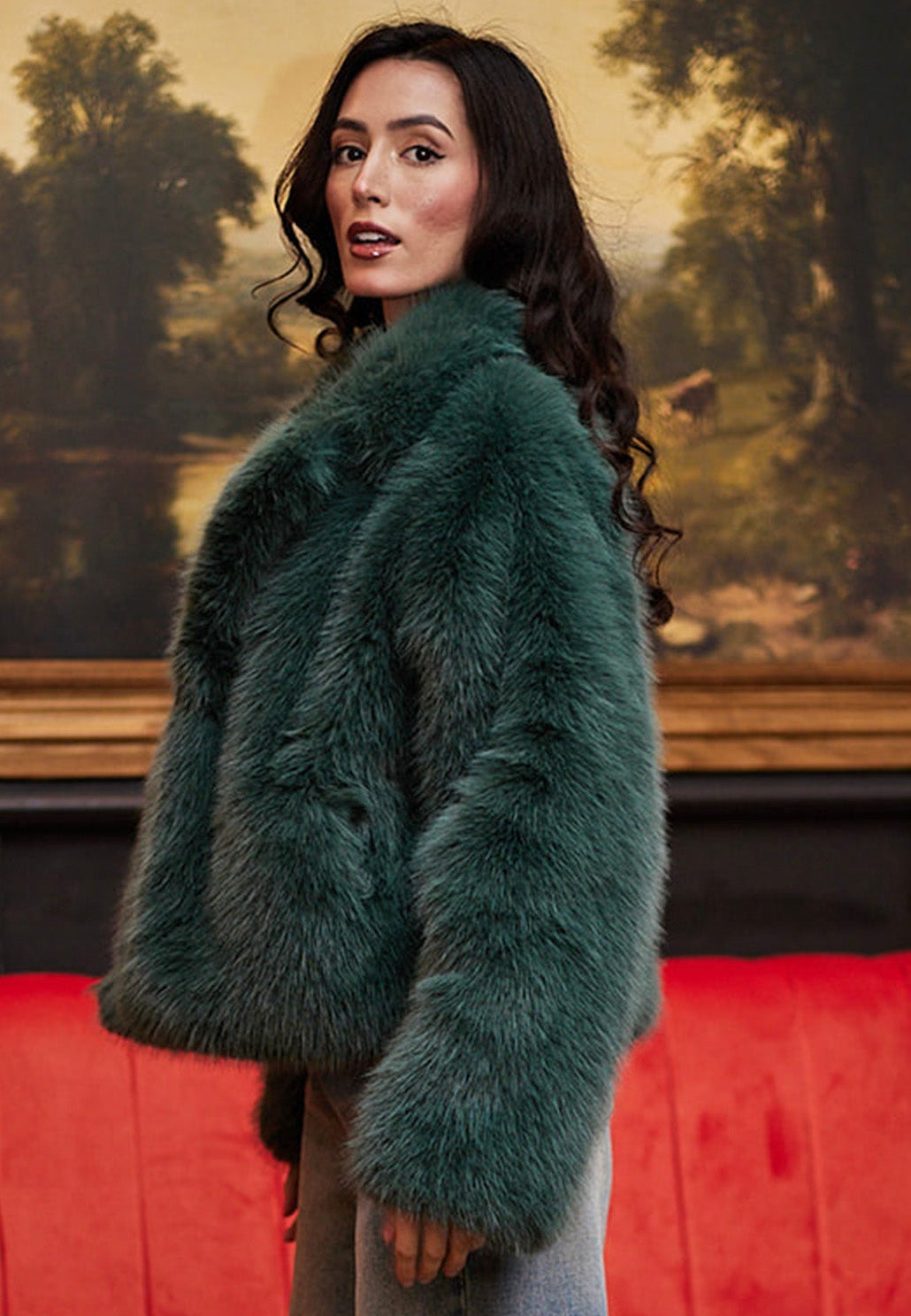 Faux Fur Short Coat In Teal M036321