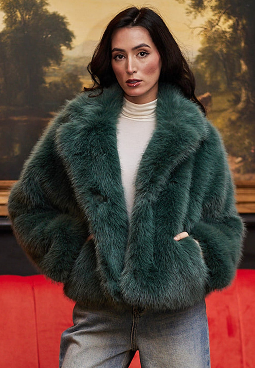 Faux Fur Short Coat In Teal M036321
