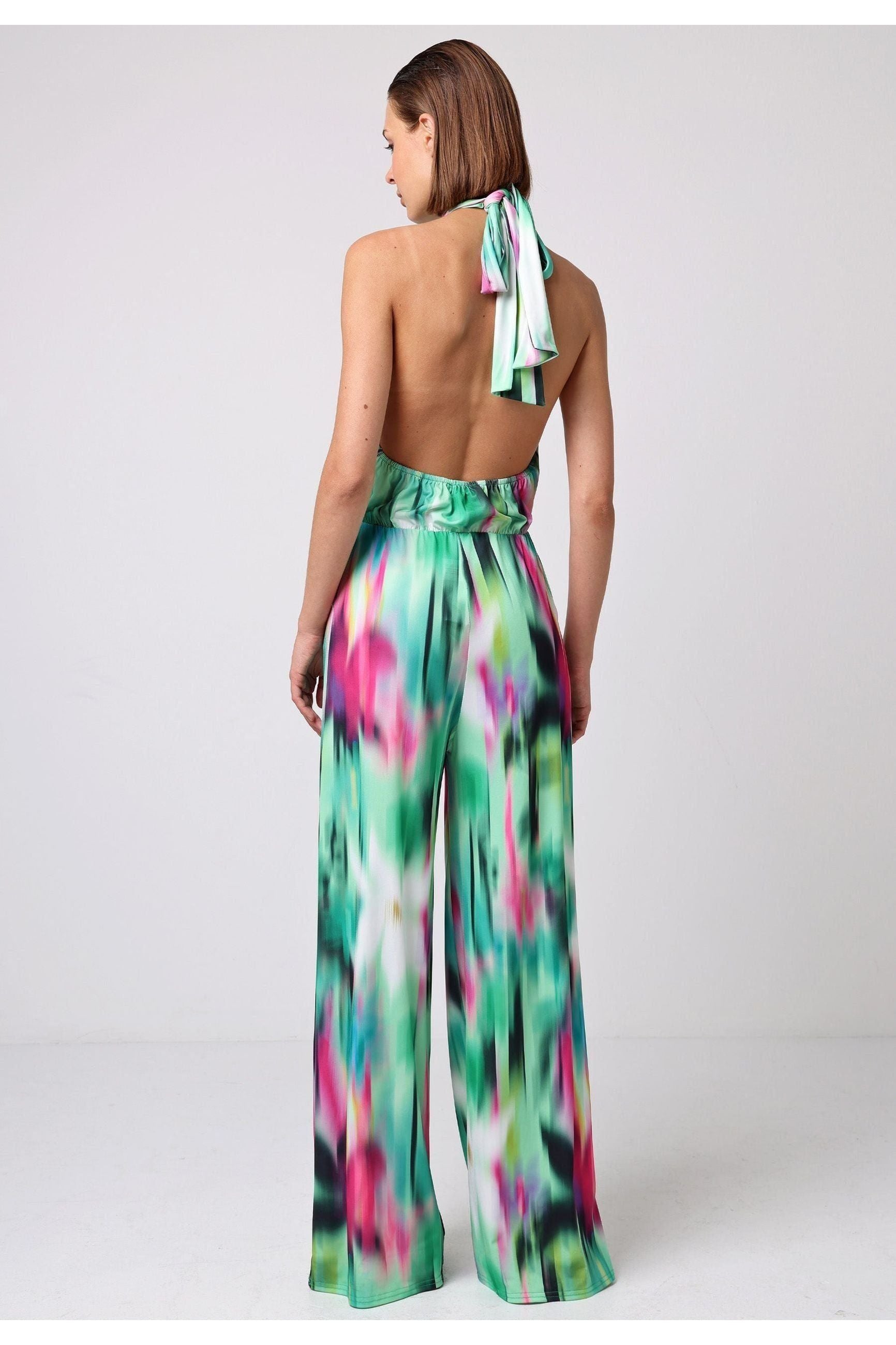 Halterneck Jumpsuit With Elasticated Waist In Brush Stroke Print M035657RBWF