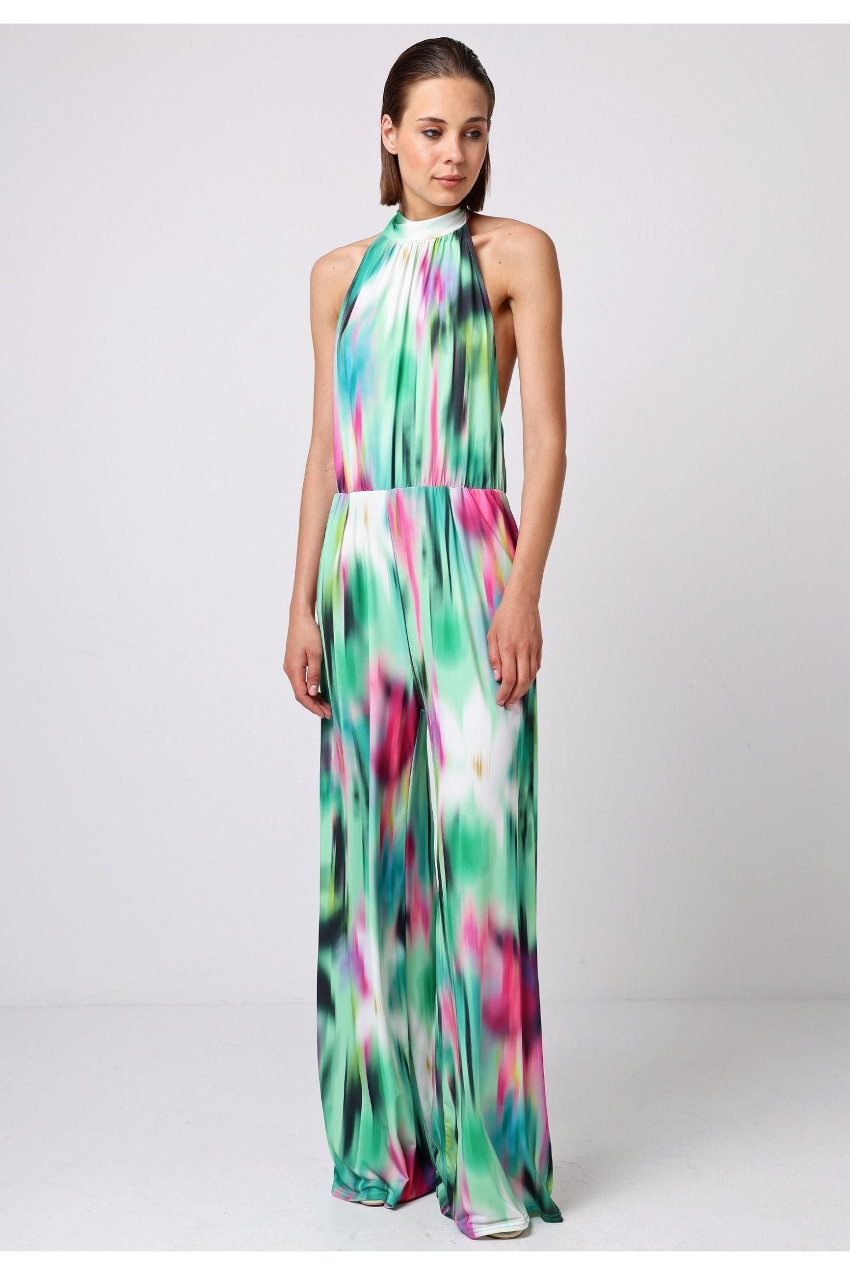 Halterneck Jumpsuit With Elasticated Waist In Brush Stroke Print M035657RBWF