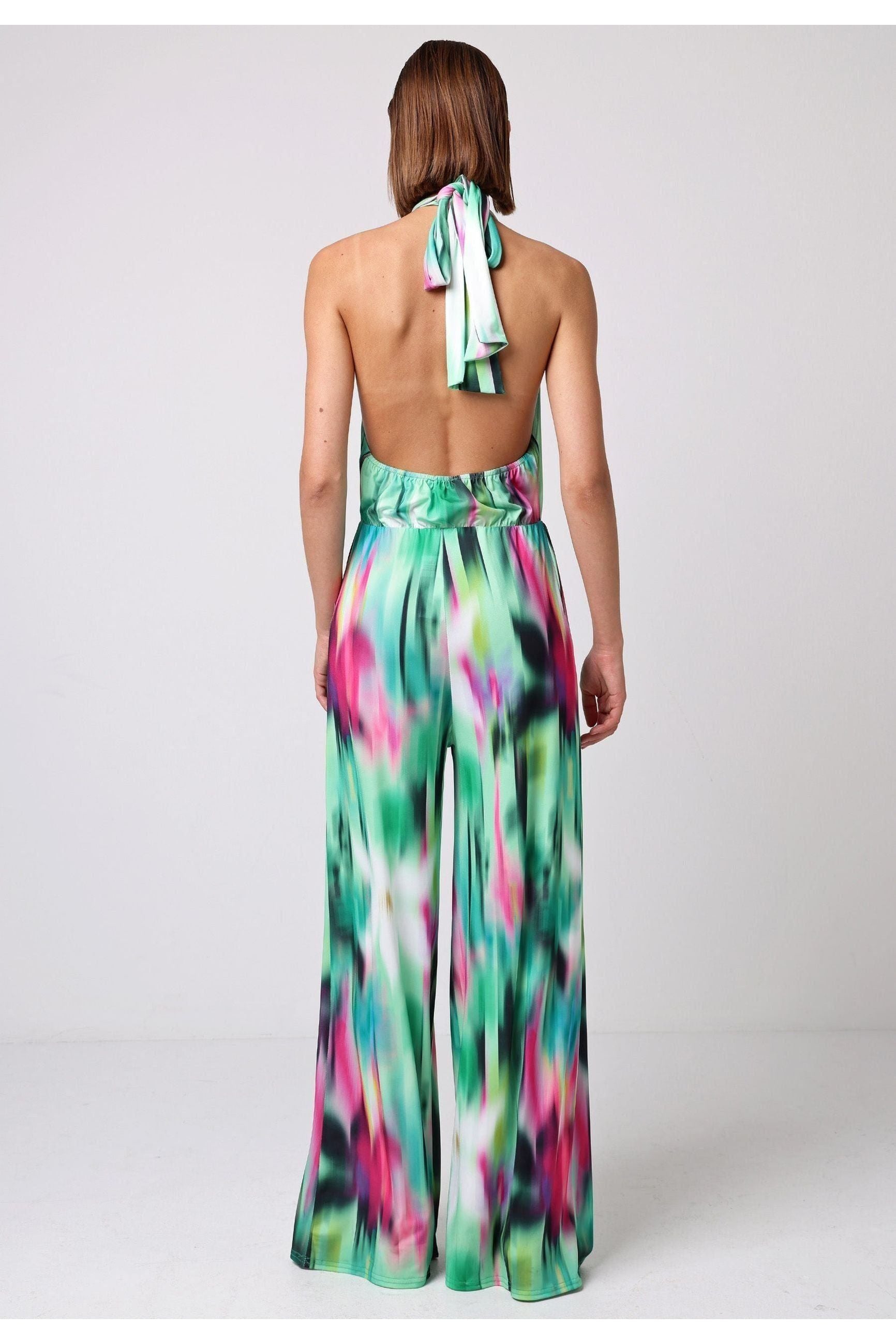 Halterneck Jumpsuit With Elasticated Waist In Brush Stroke Print M035657RBWF