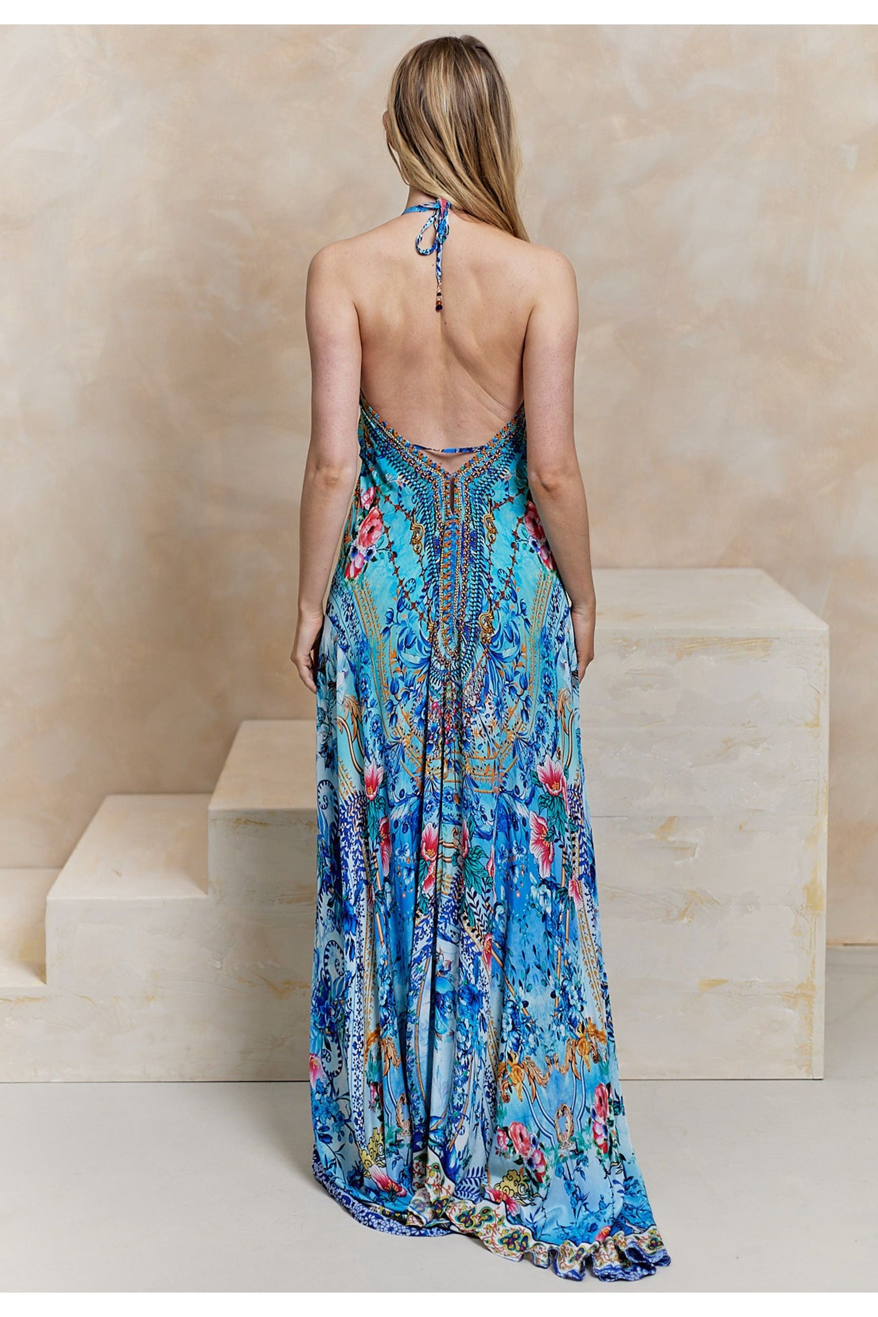 Luxurious Viscose Crepe Maxi Beach Dress In Premium Tropical Blue Print M038818