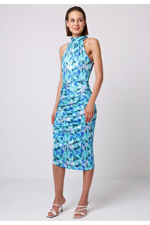 Halter Neck Ruched Sides Midi Dress In Green Print by Angeleye