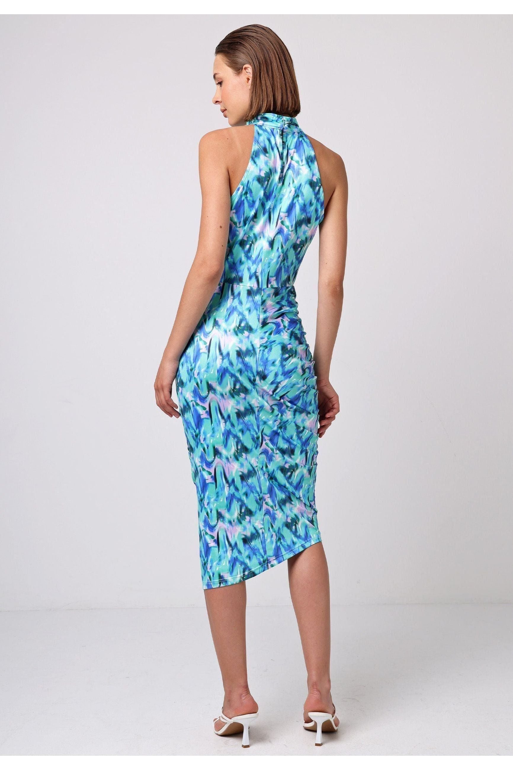 Halter Neck Ruched Sides Midi Dress In Green Print M038860GRNF