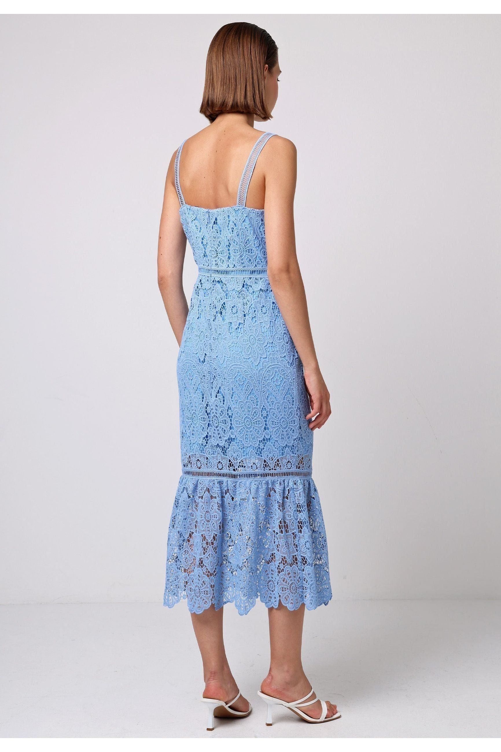 Lace Sleeveless Dress With Ruffle Hem In Blue M038885
