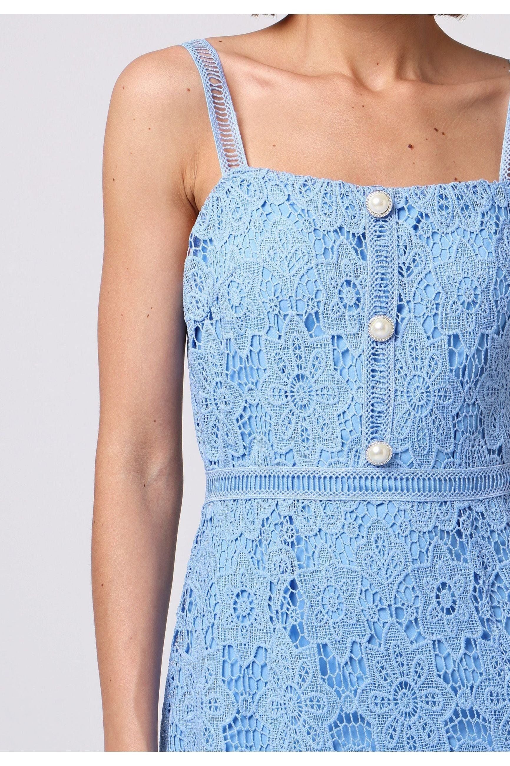 Lace Sleeveless Dress With Ruffle Hem In Blue M038885
