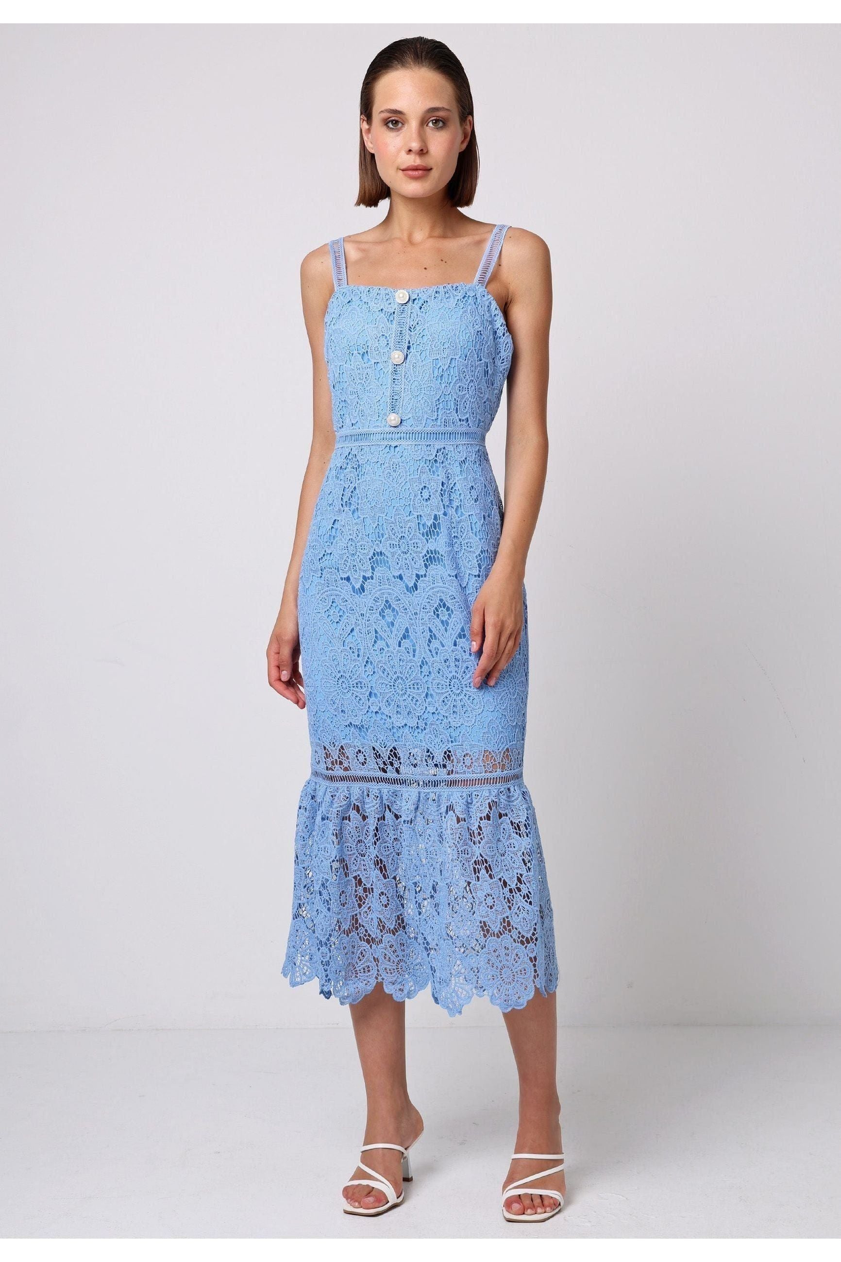 Lace Sleeveless Dress With Ruffle Hem In Blue M038885