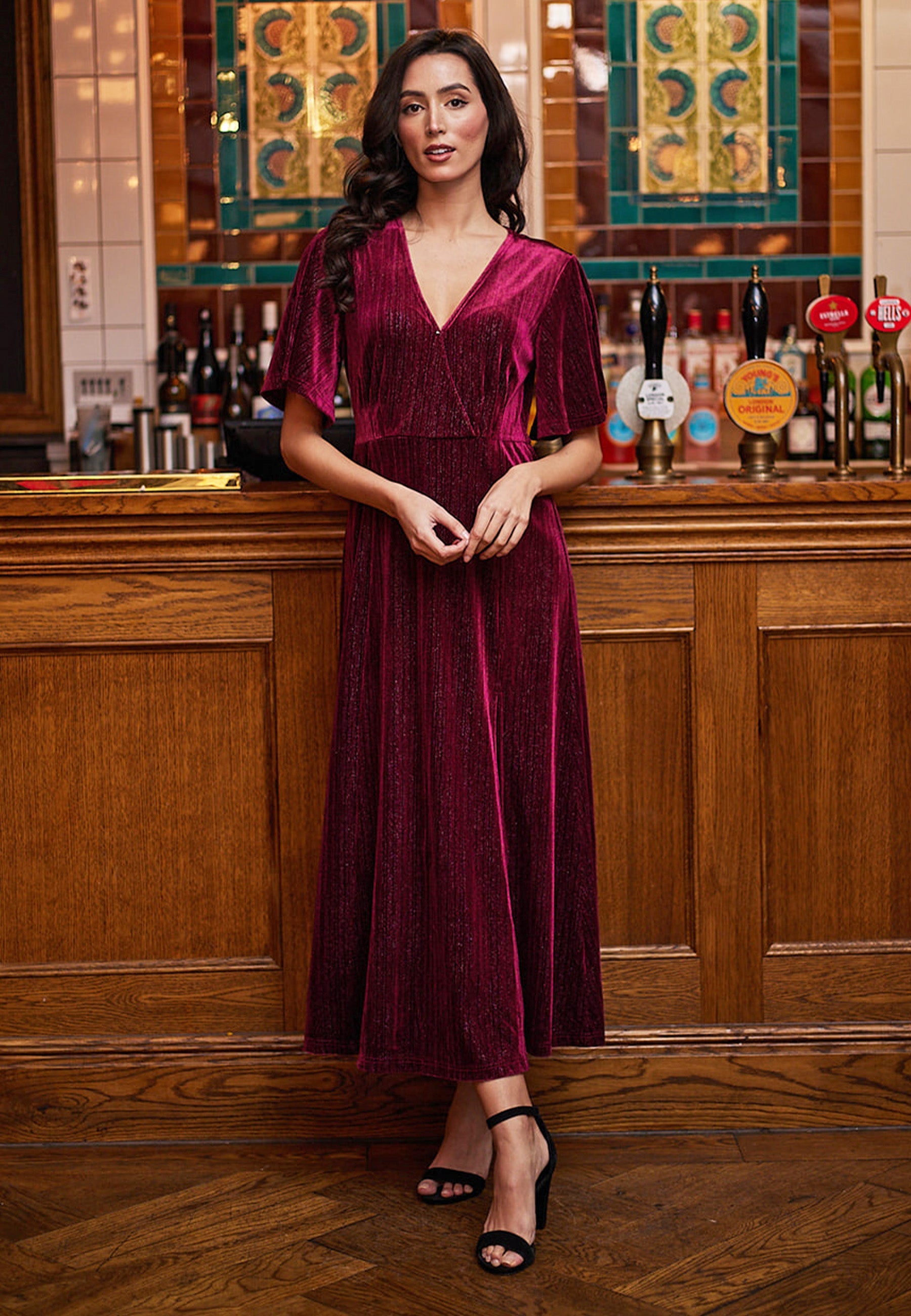 Midi Velvet Dress In Burgundy Shimmer M038939