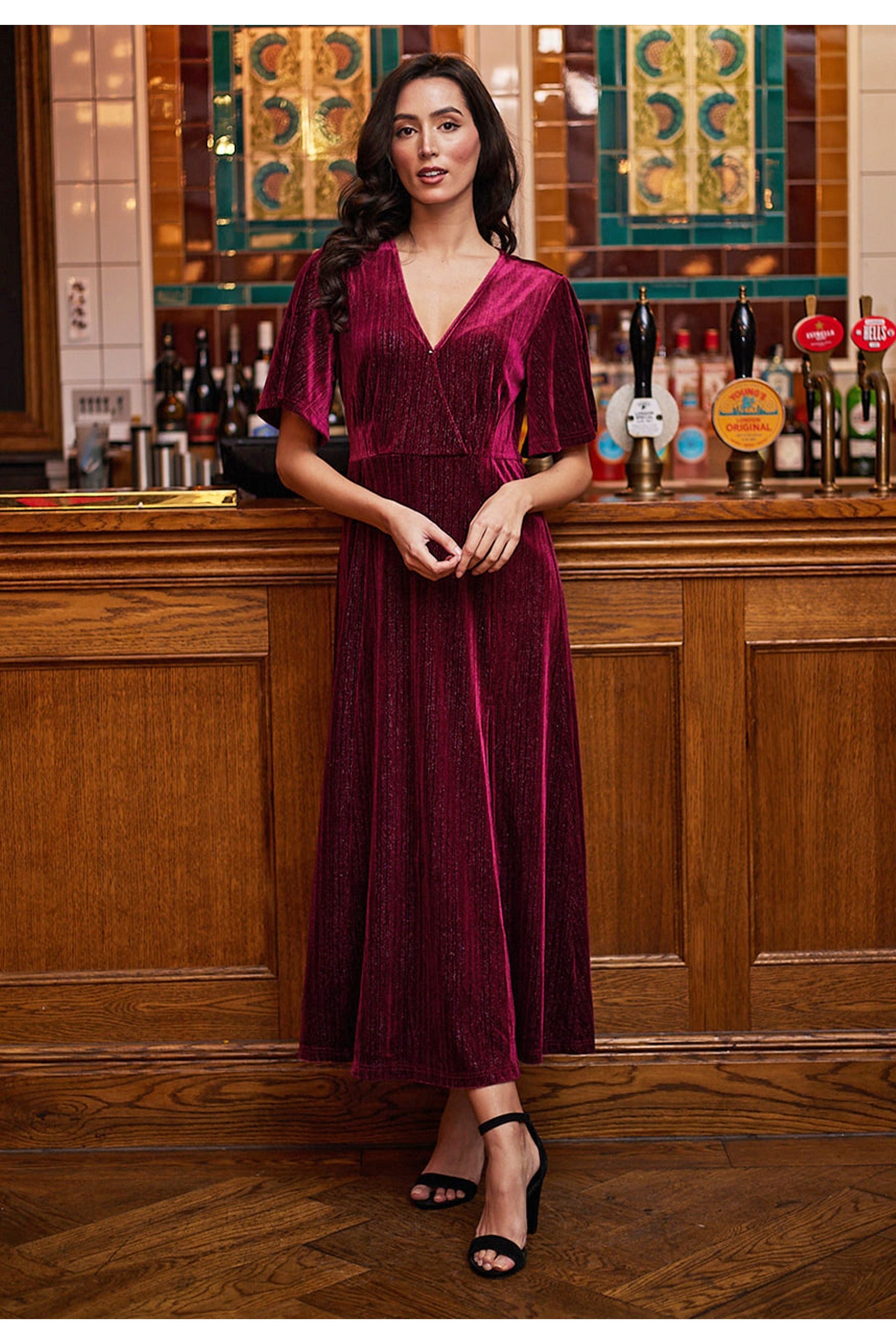 Midi Velvet Dress In Burgundy Shimmer M038939