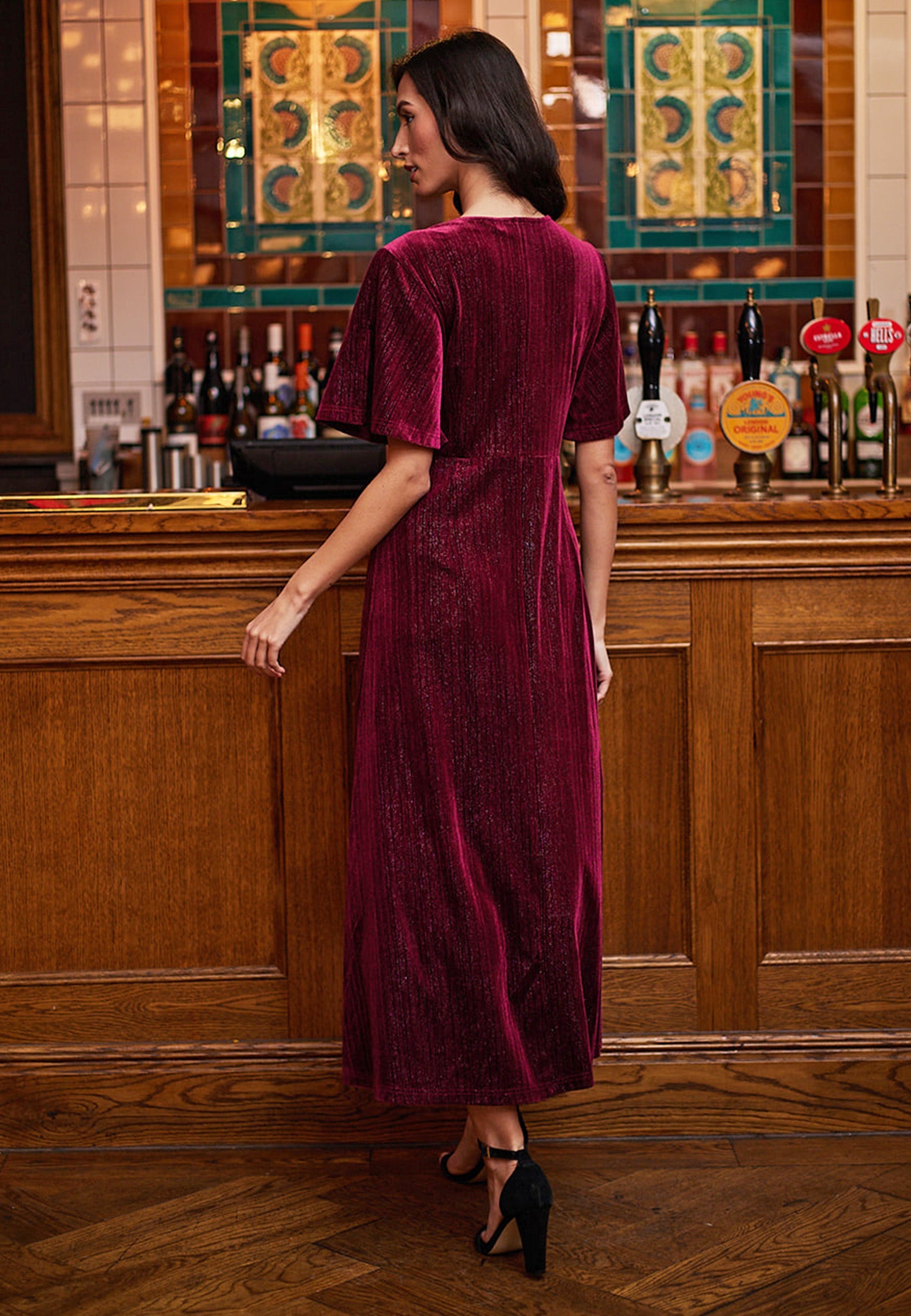 Midi Velvet Dress In Burgundy Shimmer M038939