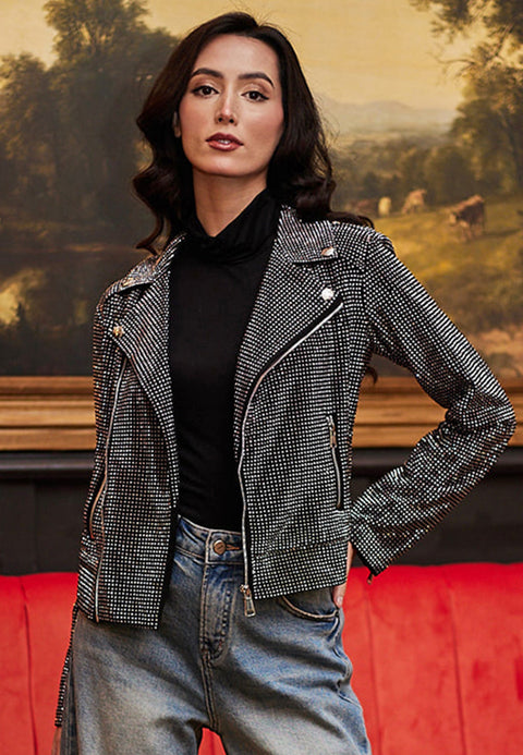 Sequin Biker Jacket In Black by Angeleye