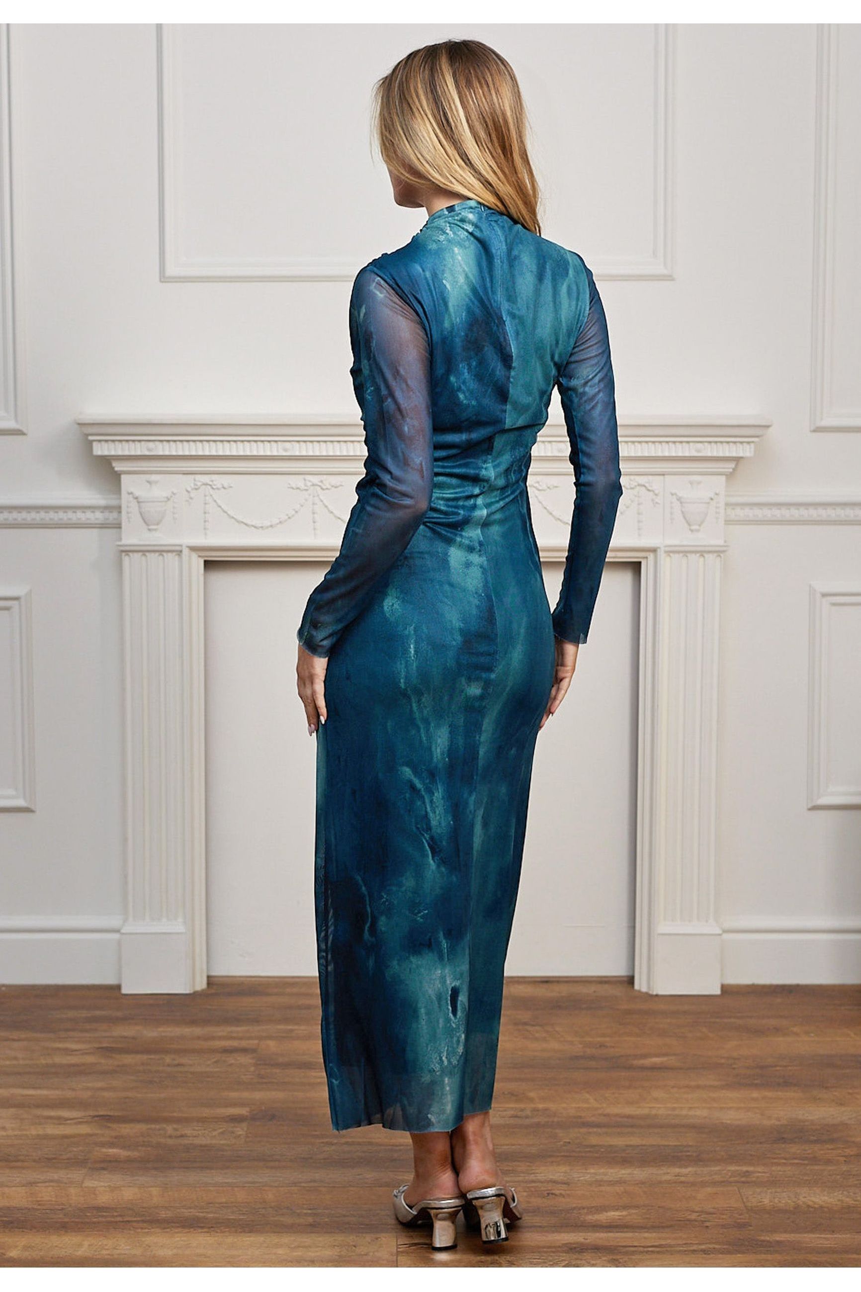 Mesh Long Sleeve Bodycon Midi Dress In Teal Watercolour M041473TEAF