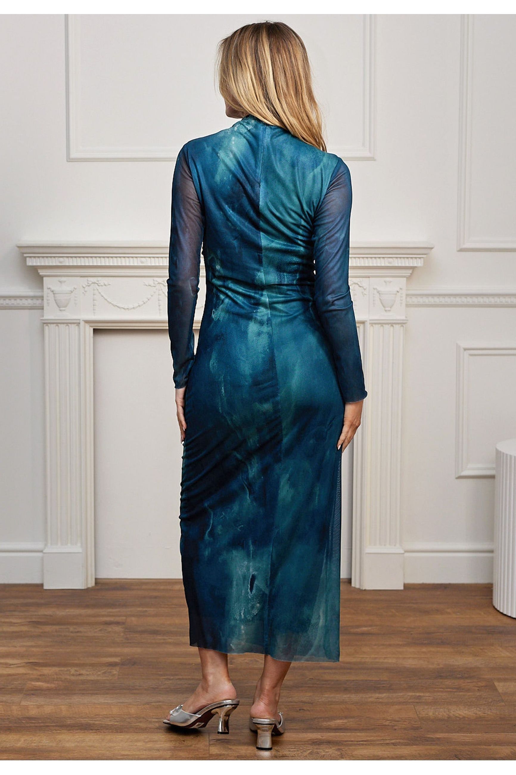 Mesh Long Sleeve Bodycon Midi Dress In Teal Watercolour M041473TEAF