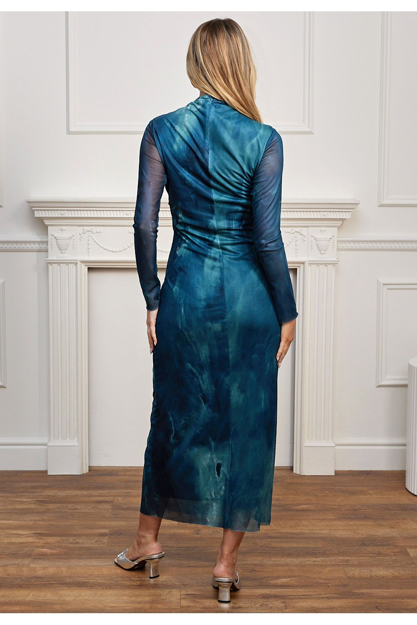 Mesh Long Sleeve Bodycon Midi Dress In Teal Watercolour M041473TEAF