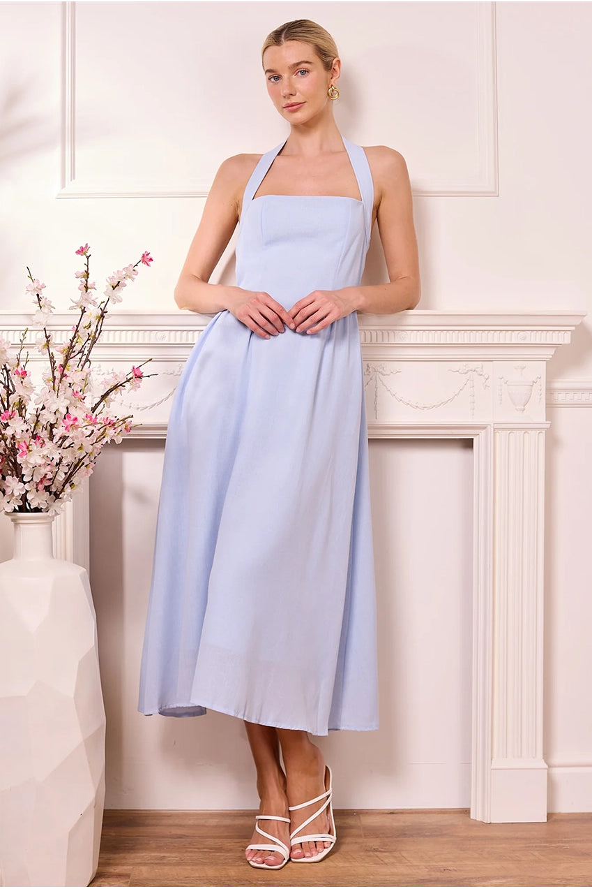 Midi Drop-Waist Light Blue Halterneck Dress M042478