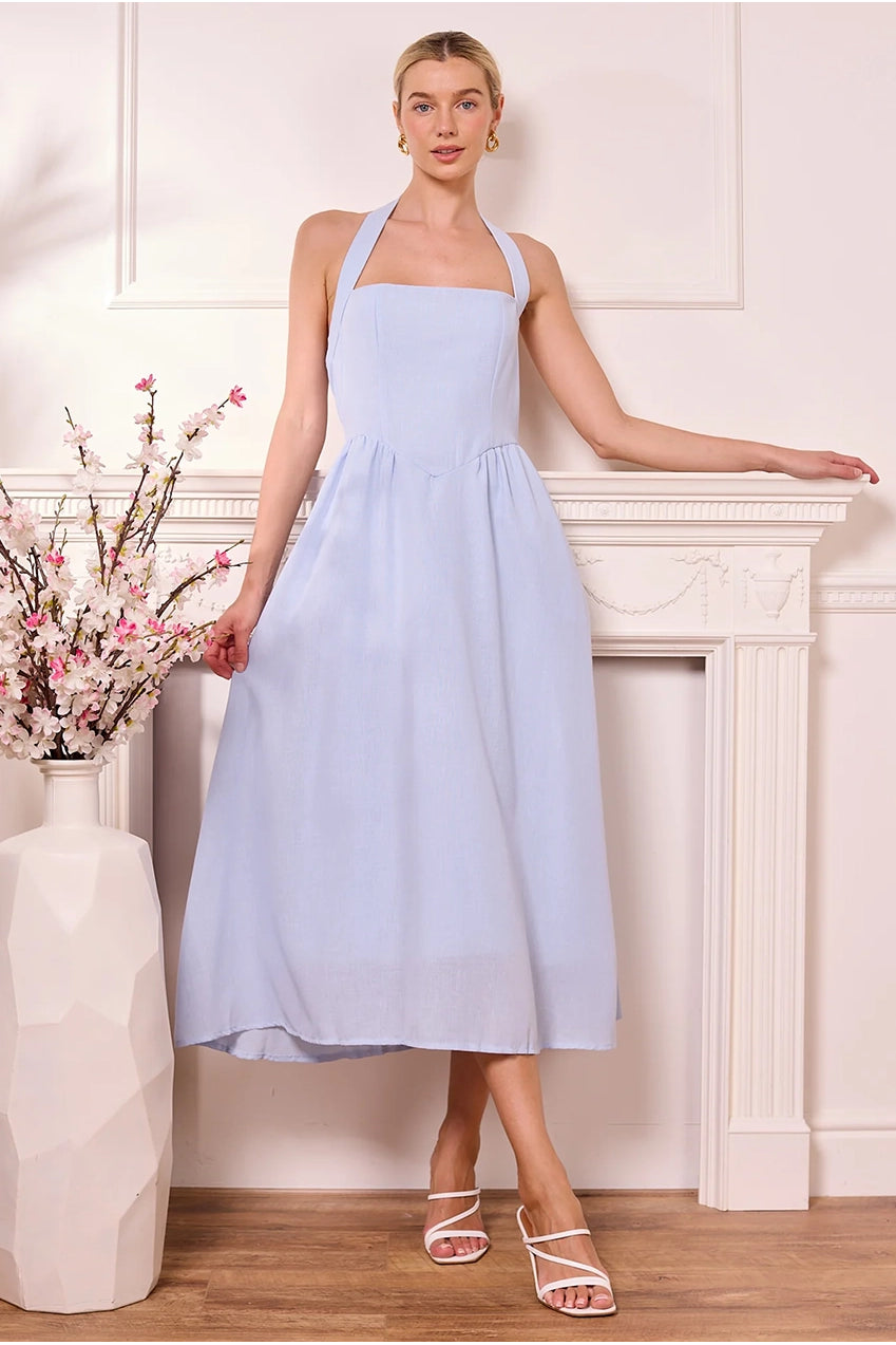 Midi Drop-Waist Light Blue Halterneck Dress M042478