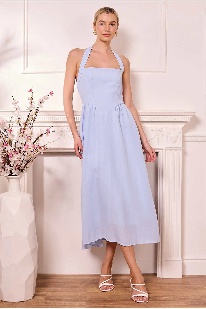Midi Drop-Waist Light Blue Halterneck Dress M042478