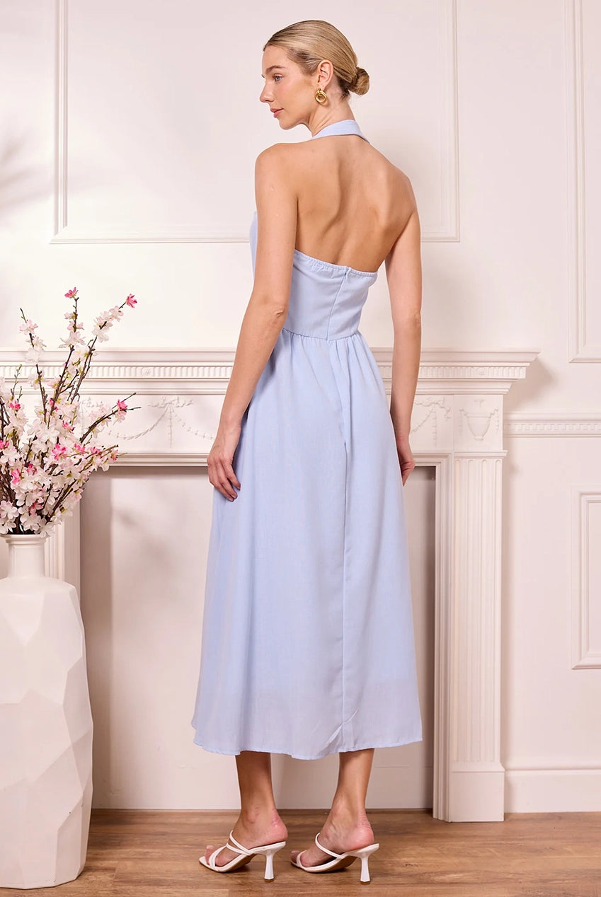 Midi Drop-Waist Light Blue Halterneck Dress M042478
